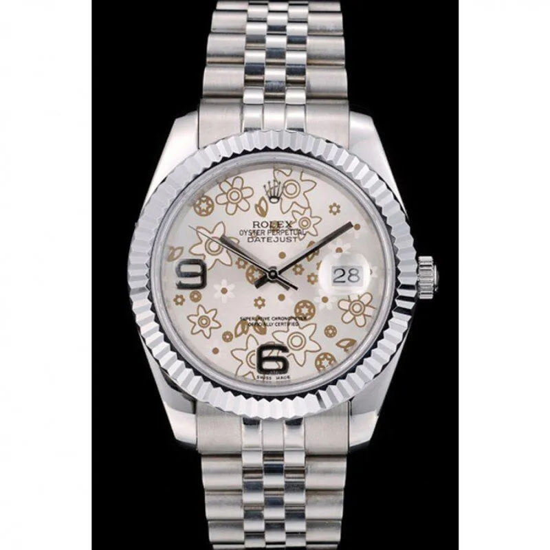 Swiss Rolex DateJust Stainless Steel Ribbed Bezel Flower Silver Dial 42001