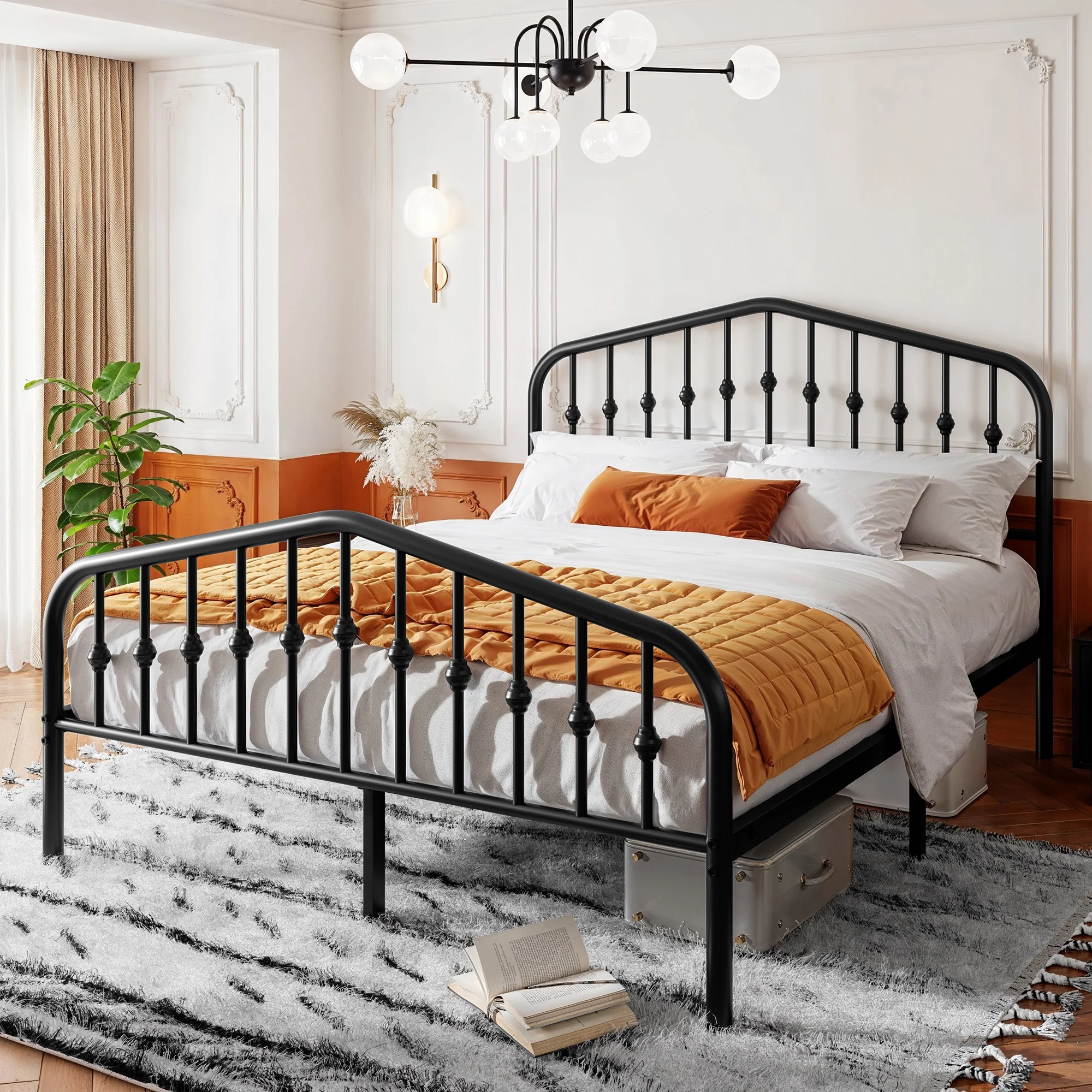 Sha Cerlin Queen Size Bed Frame, Metal Platform Bed with Victorian Vintage Headboard & Footboard, Black