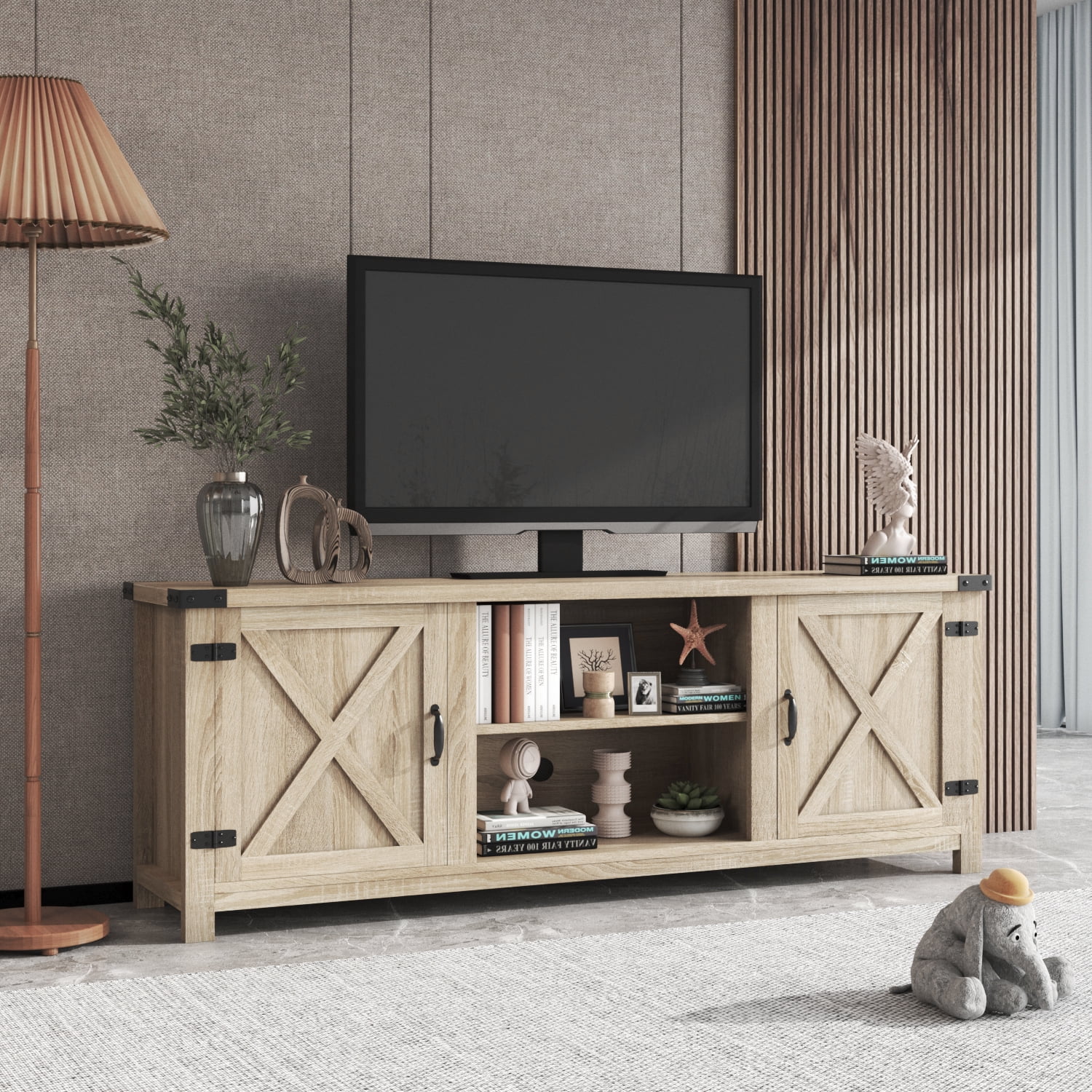 Vineego Farmhouse Tv Stand 58 Rustic Barn Two-Door Tv Stand for TVs up to 65",Oak