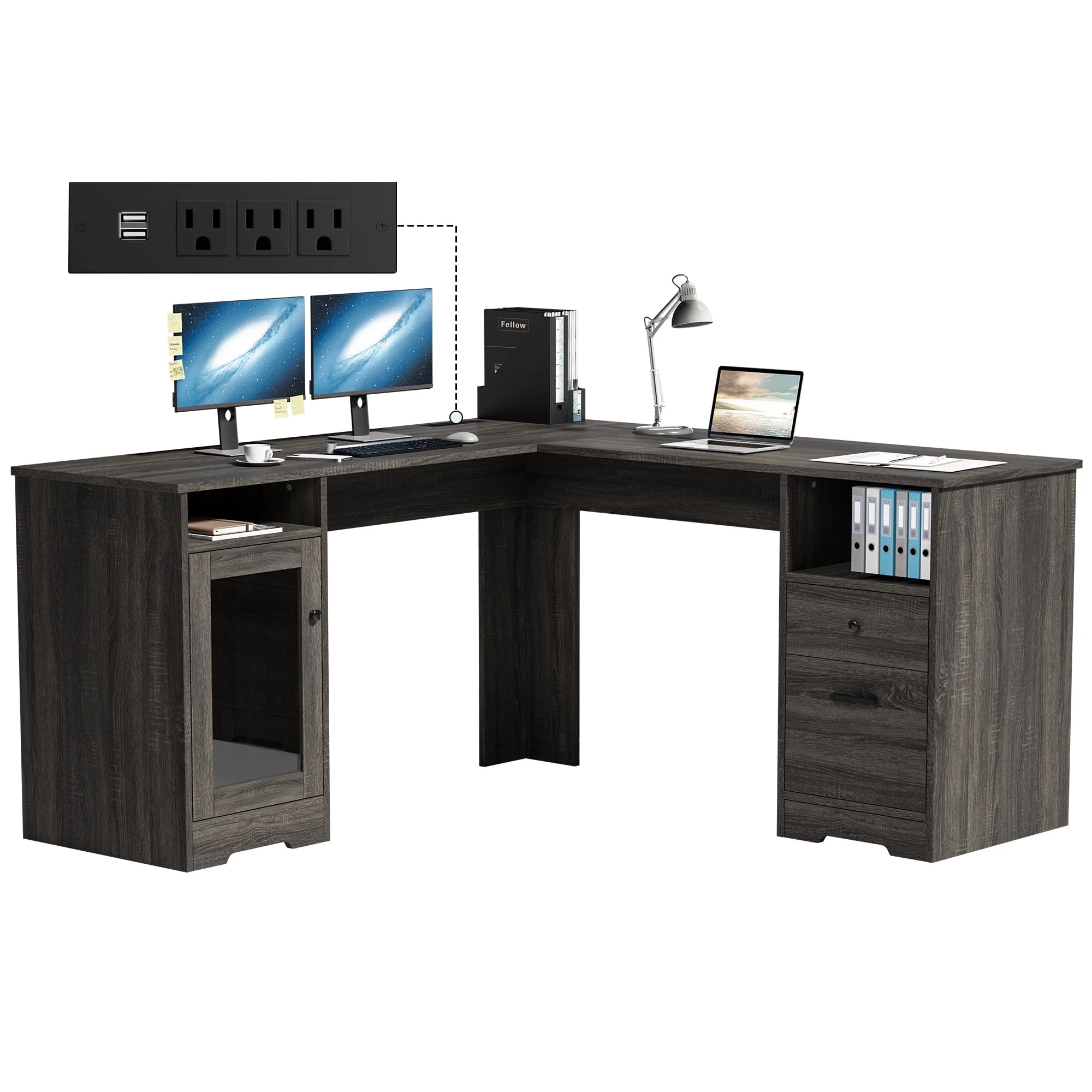 GetYes 60" L Shaped Desk with Drawers, Shelves, Power Outlet & USB, Gray, 1 Count, 1 Pack