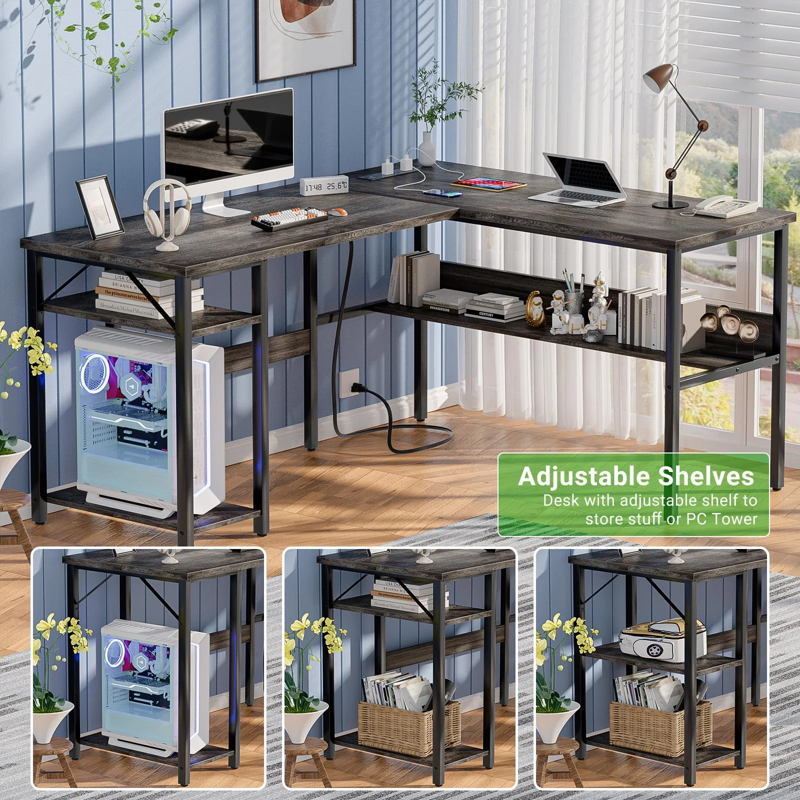 Homieasy Reversible L Shaped Desk with Magic Power Outlets and USB Charging Ports, Sturdy Corner Computer Desk with Storage Shelves, Gaming Table Home Office Desk, Easy to Assemble, Black Oak
