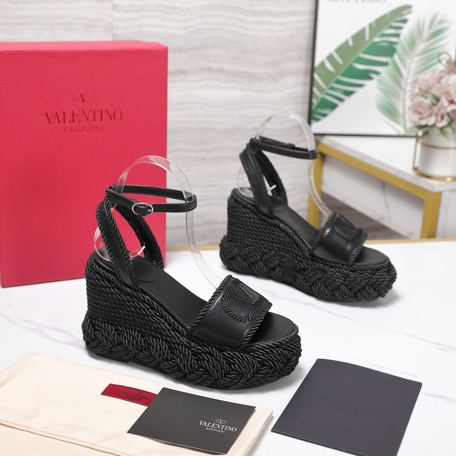 Valentino Garavani Black Smooth Leather VLogo Embroidered Platform Jute Wedge Espadrille Sandal Heel