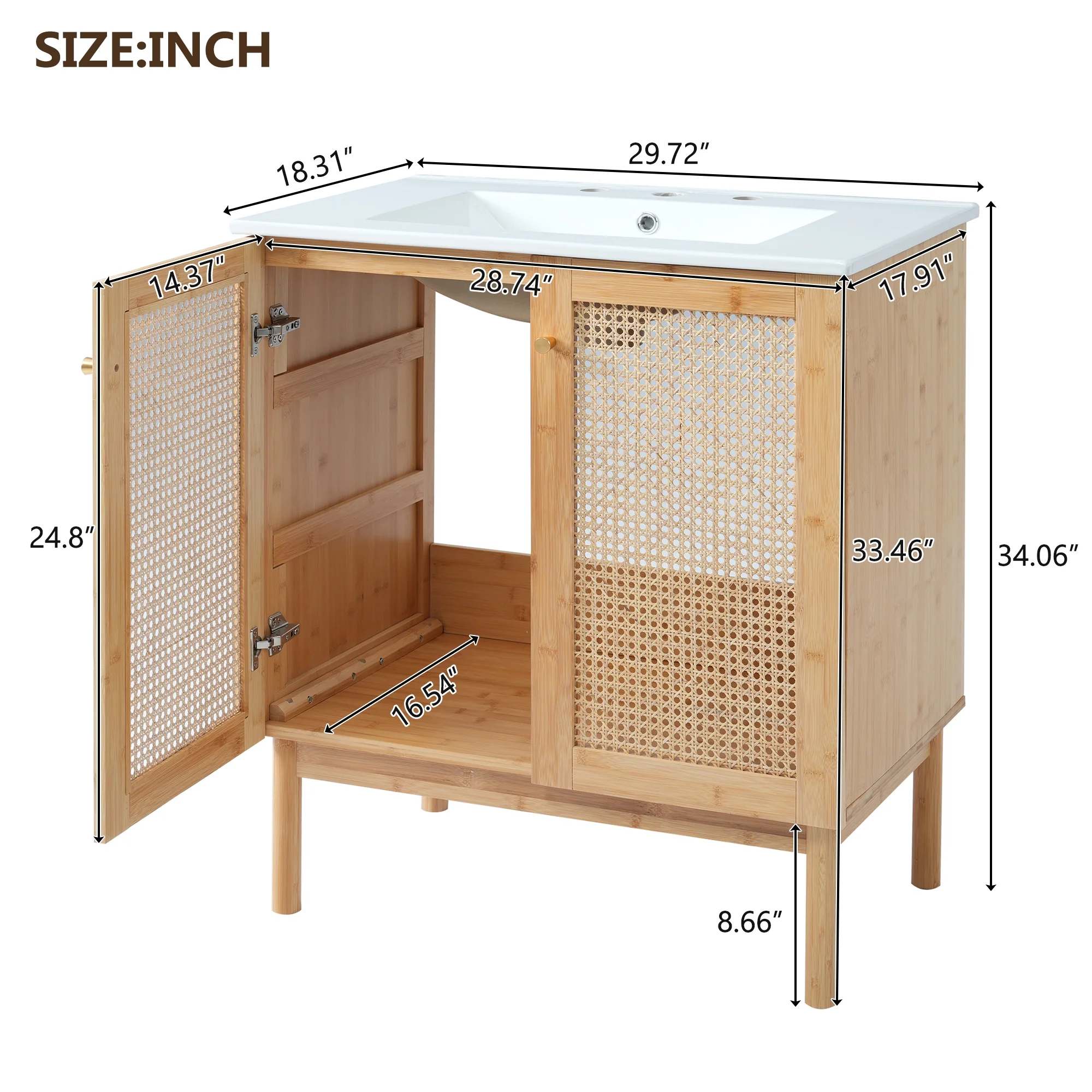 Harper & Bright Designs 30" Rattan Bathroom Vanity Combo with Ceramic Sink, Bathroom Vanity Cabinet with Soft Close Doors, Wood