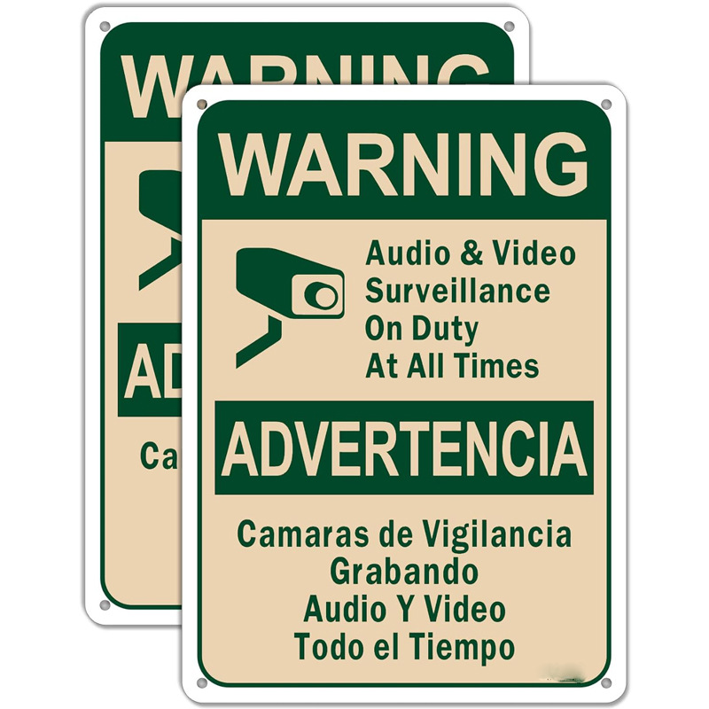 Directly supplied by cross-border manufacturers: warning audio and video surveillance, always on duty, bilingual Spanish safety sign, aluminum plate