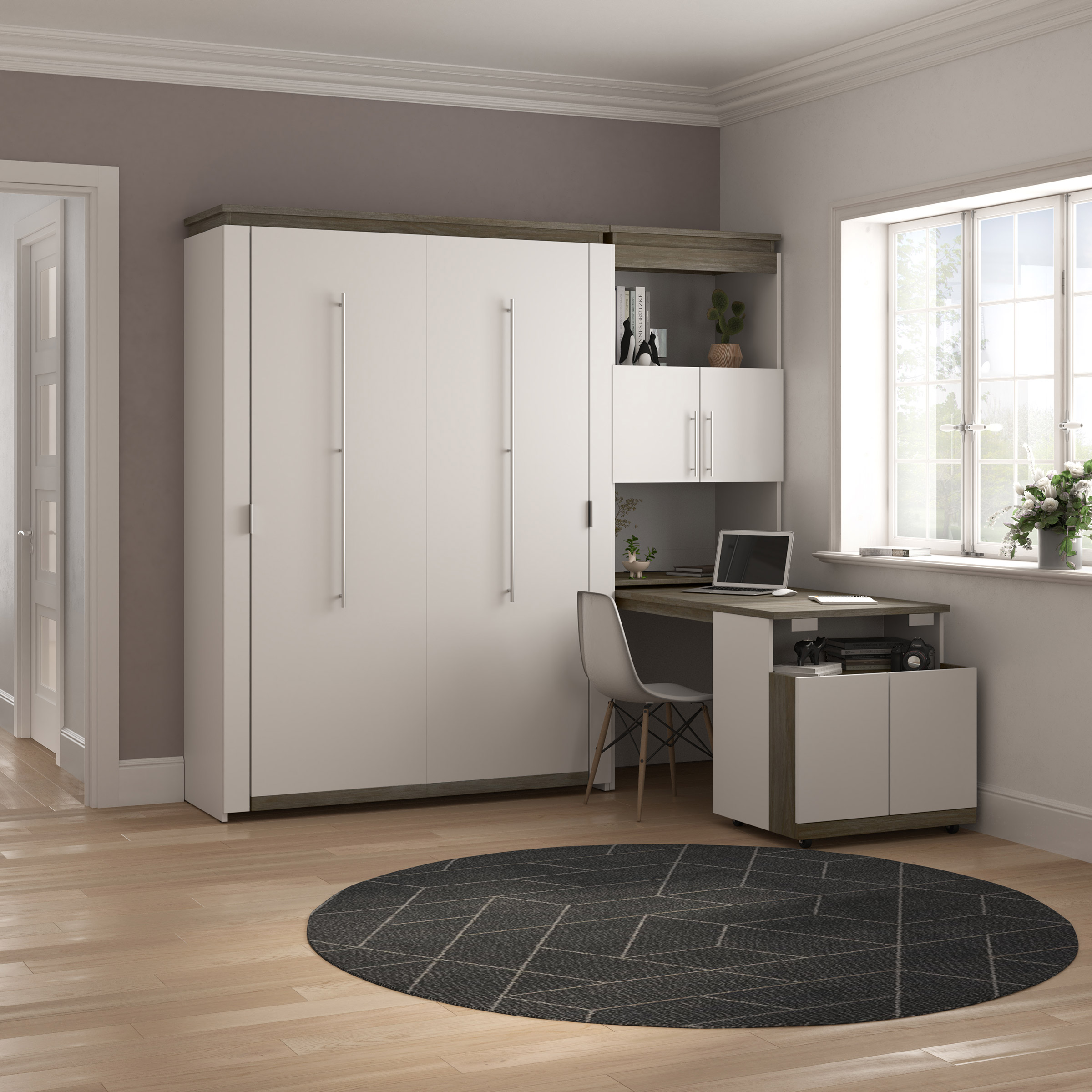 Orion Full Wall Bed and Shelving Unit with Fold-Out Desk