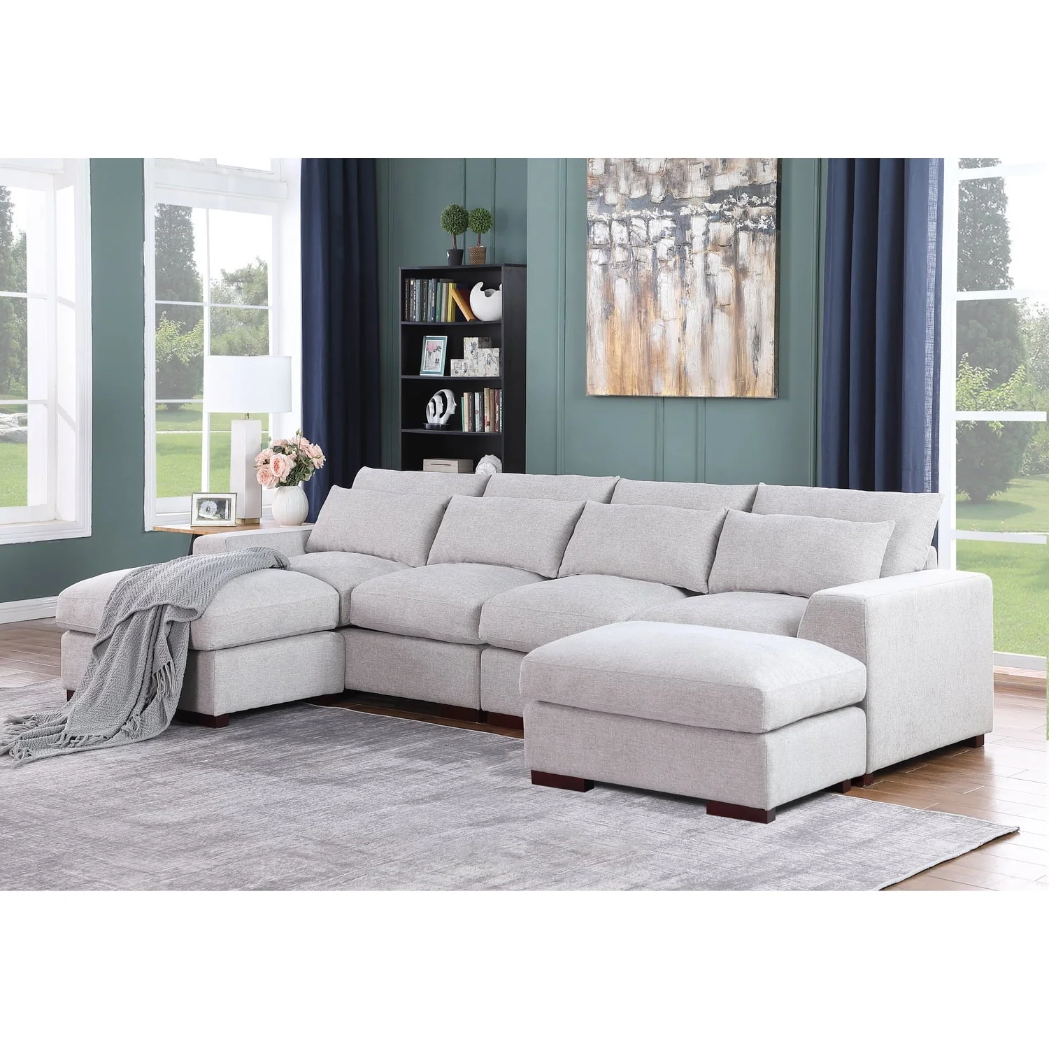Devion Furniture Reversible Modular Sectional Fabric Sofa & Chaise With Two Ottoman-Light Gray