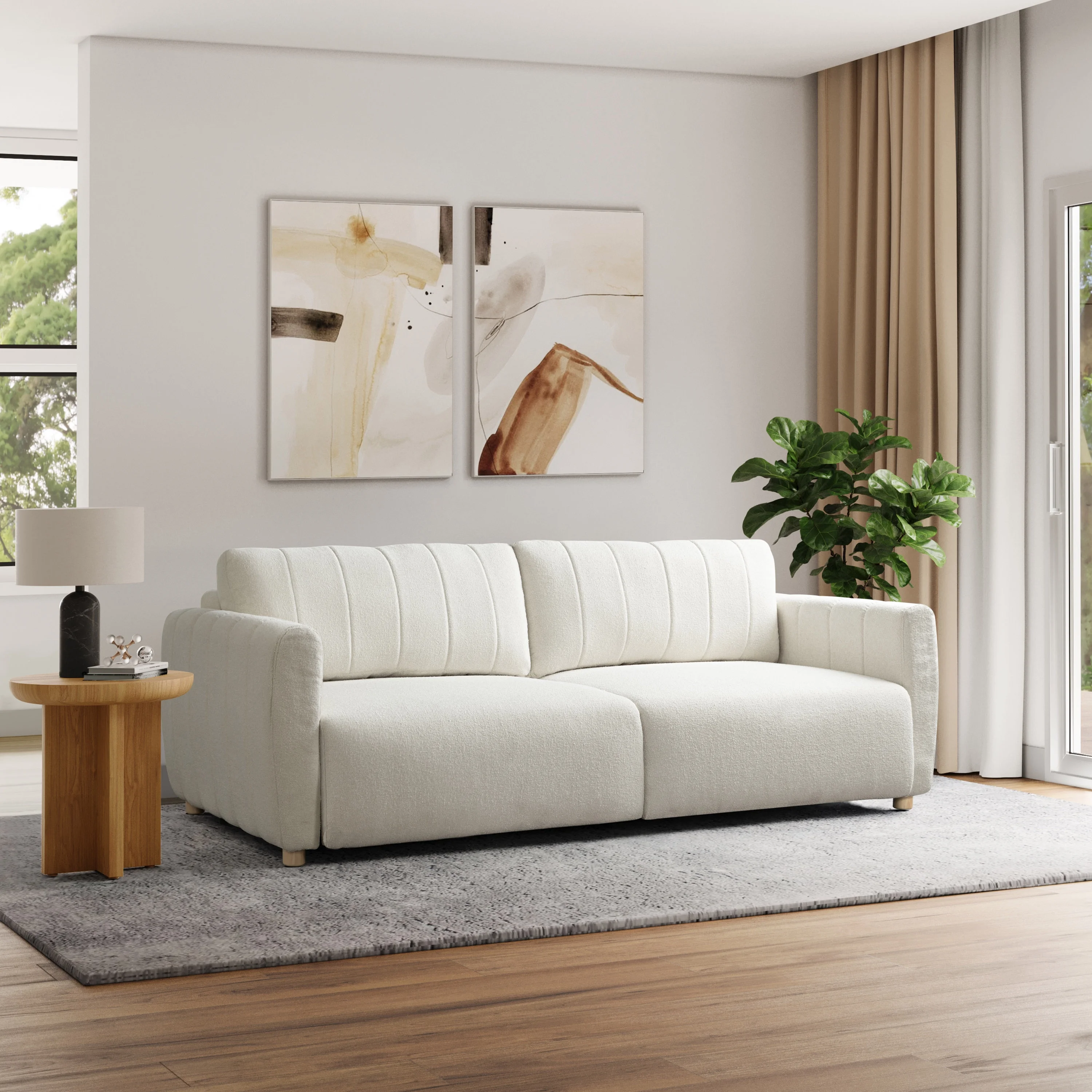 Serta Grant Scandinavian Convertible Sofa with Queen Size Sleeper, Ivory Boucle Fabric