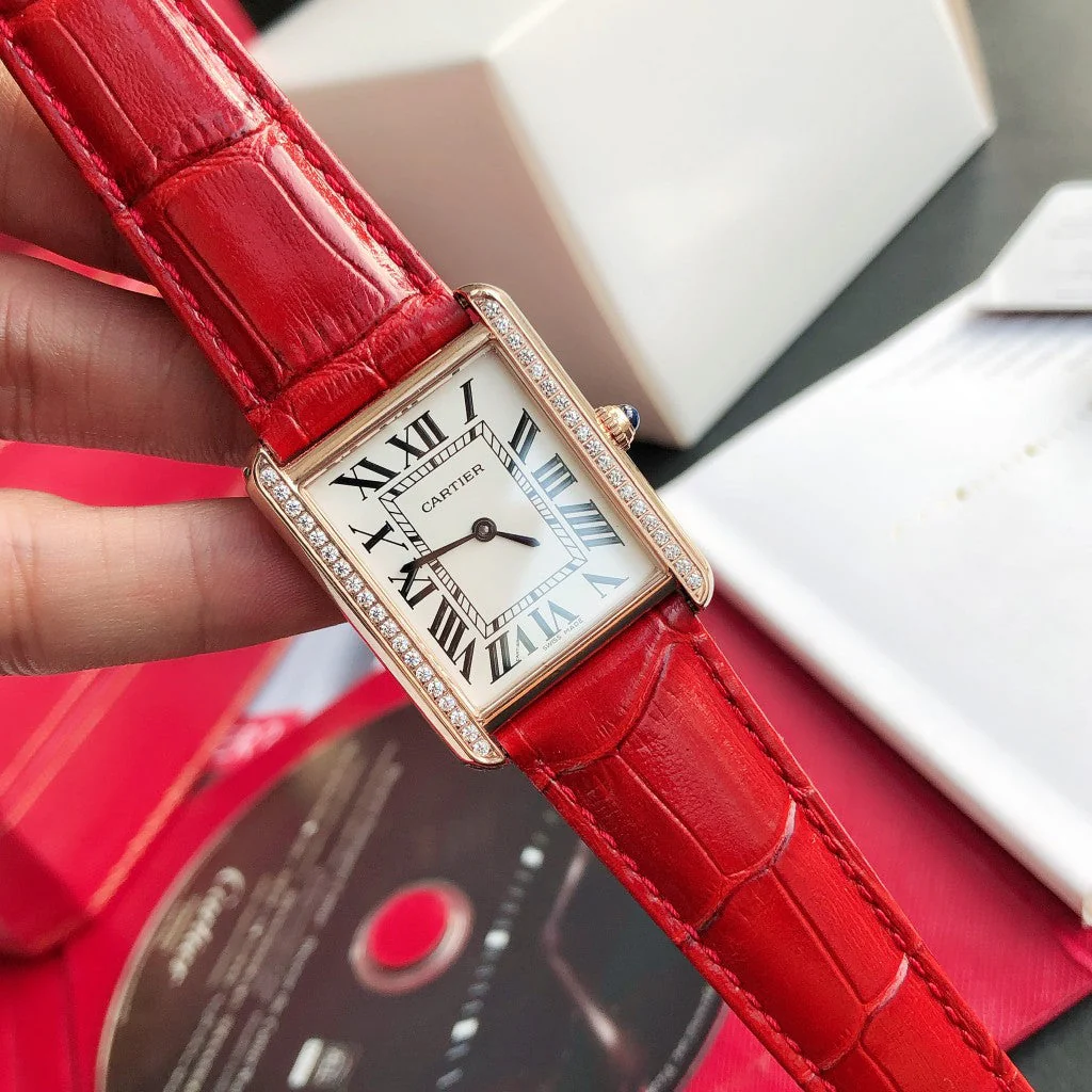 Cartier Watch TANK SOLO PINK GOLD DIAMOND BEZEL RED CROCODILE LEATHER