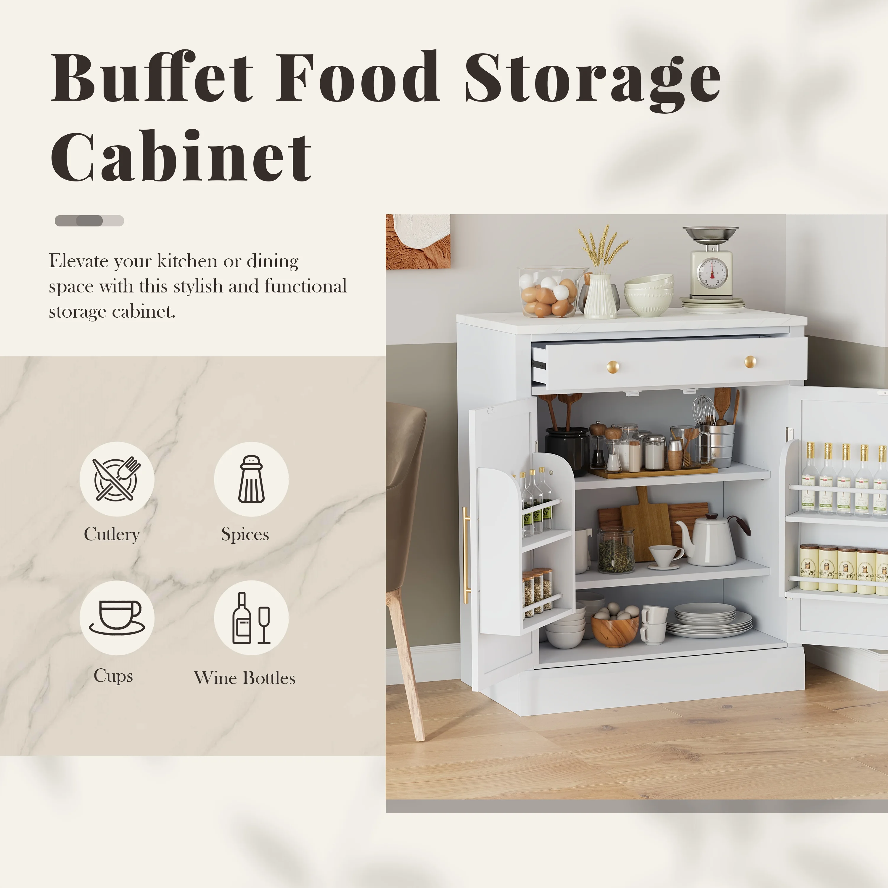 Euroco Modern Freestanding Kitchen Pantry,Buffet Food Storage, Coffee Bar Cabinet with Drawer, 2 Adjustable Shelves and 2 Door Shelves for Dining, Kitchen,White