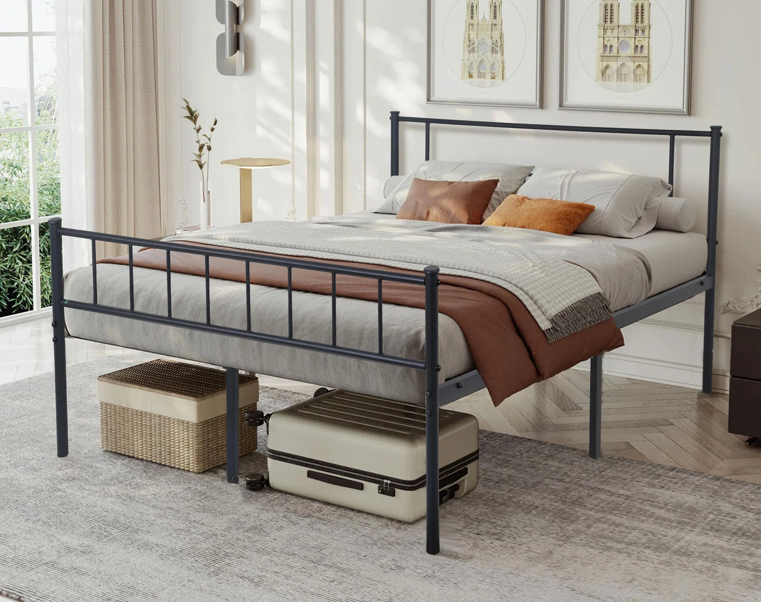 King Bed Frame with Headboard, Heavy Duty Metal Platform Bed Frame King Size, 12 Inch High Bedframe Mattress Foundation with Ample Storage, No Boxing Spring Needed