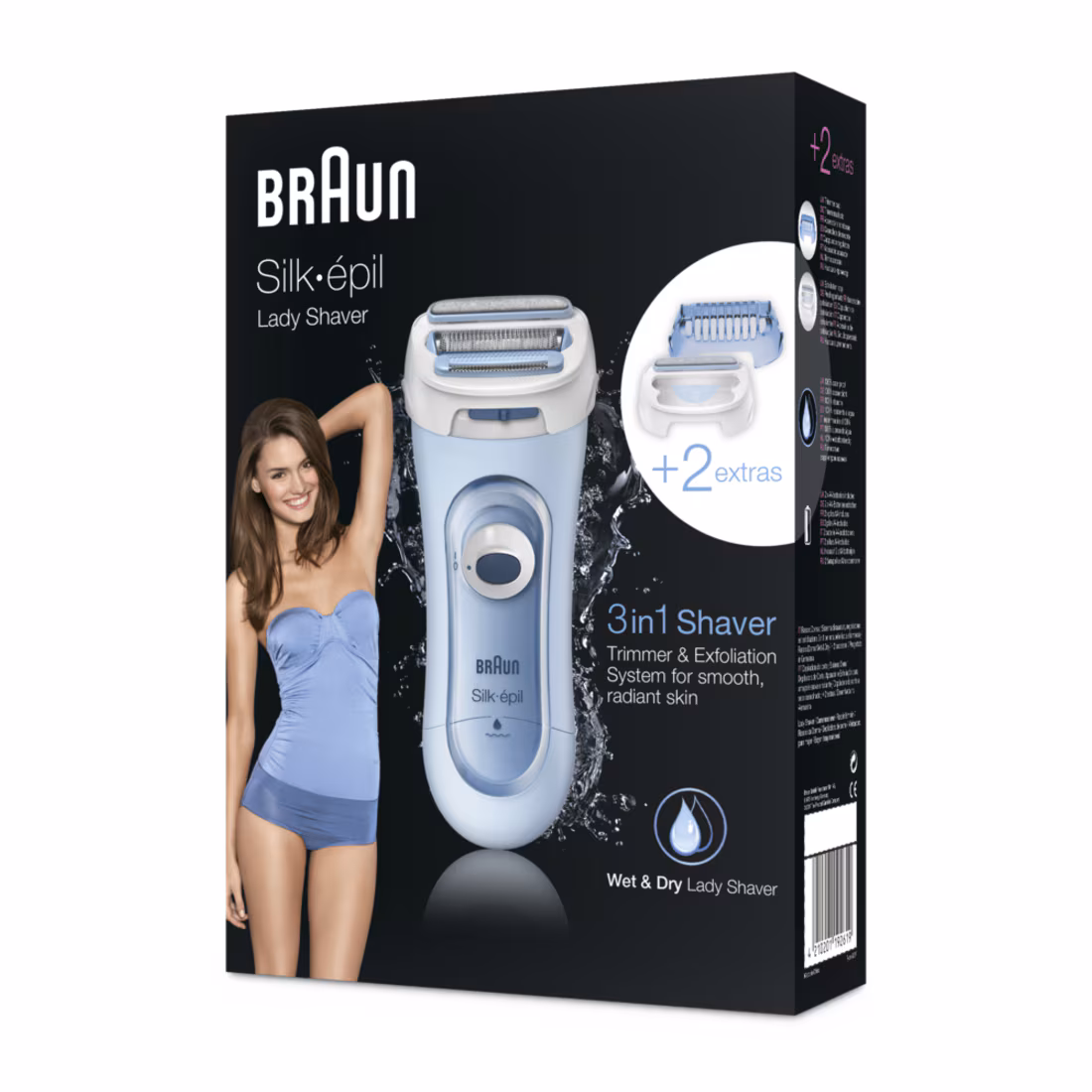 3-in-1 Damenrasierer Wet & Dry mit Trimmer- und Peeling-Aufsatz, blau