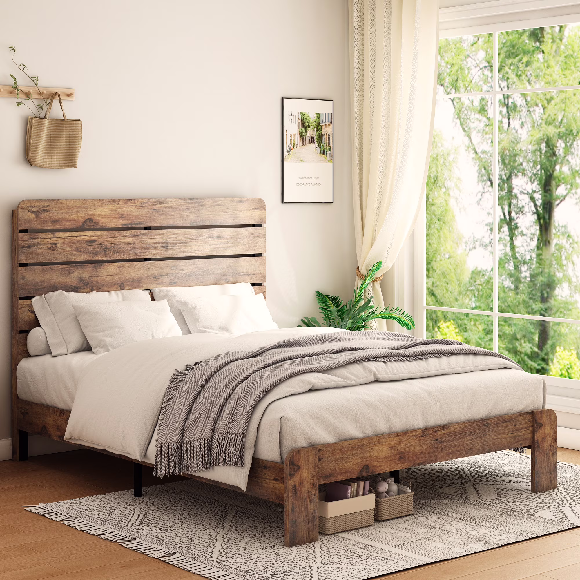 Miniyam Full Size Wood Platform Bed with High Headboard for Adult, Rustic Vintage