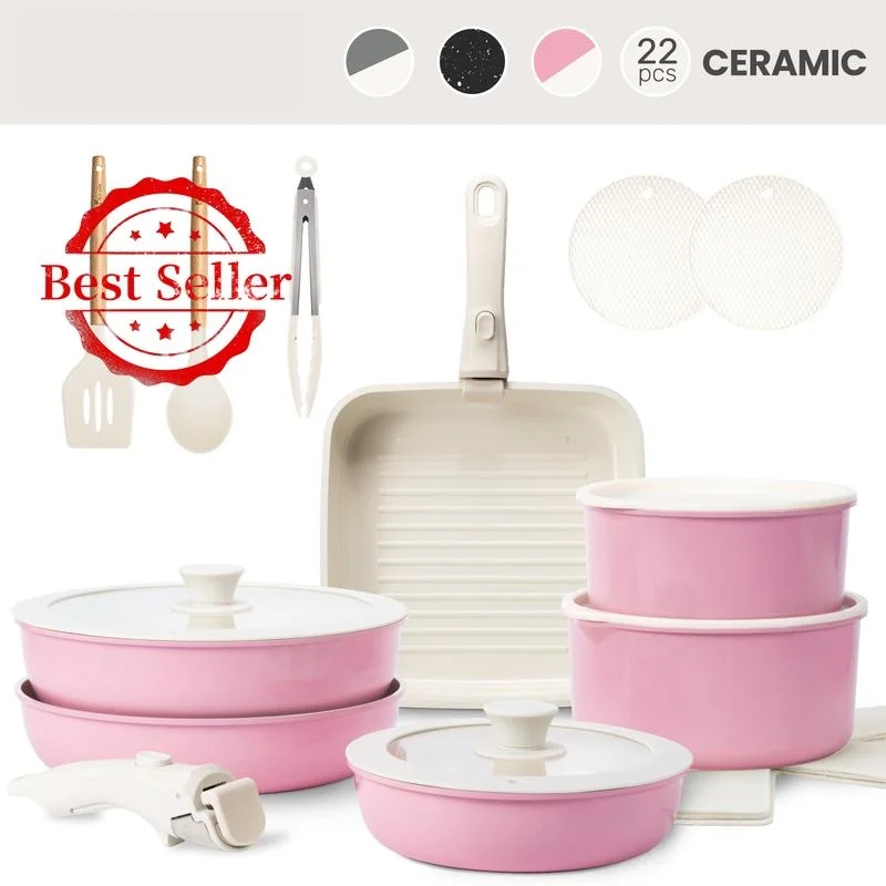 Non-Toxic Nonstick Ceramic 22 pcs pots and pans set complete Cookware Set with Lids,Detachable Handle,PFAS-Free,Dishwasher Oven Safe,Kitchen Outdoorfun Induction Compatible
