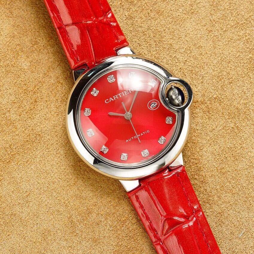 Cartier Watch BALLON BLEU 33MM STEEL CASE DIAMOND NUMERALS LEATHER STRAP