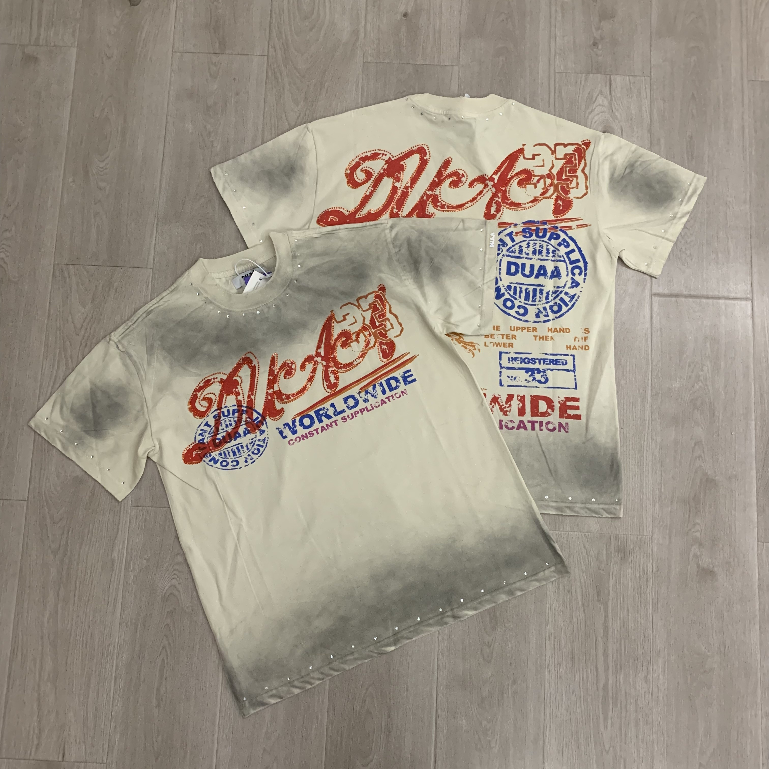 Stained diamond distressed hole pure cotton short-sleeved T-shirt