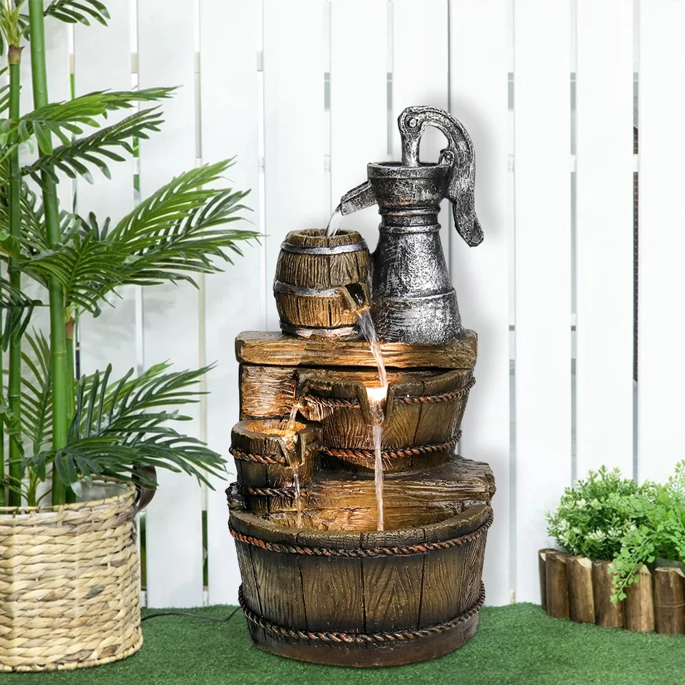 Outdoor Floor Rustic 5-Tiered Barrel and Pump Water Fountain for Garden and Patio Decor