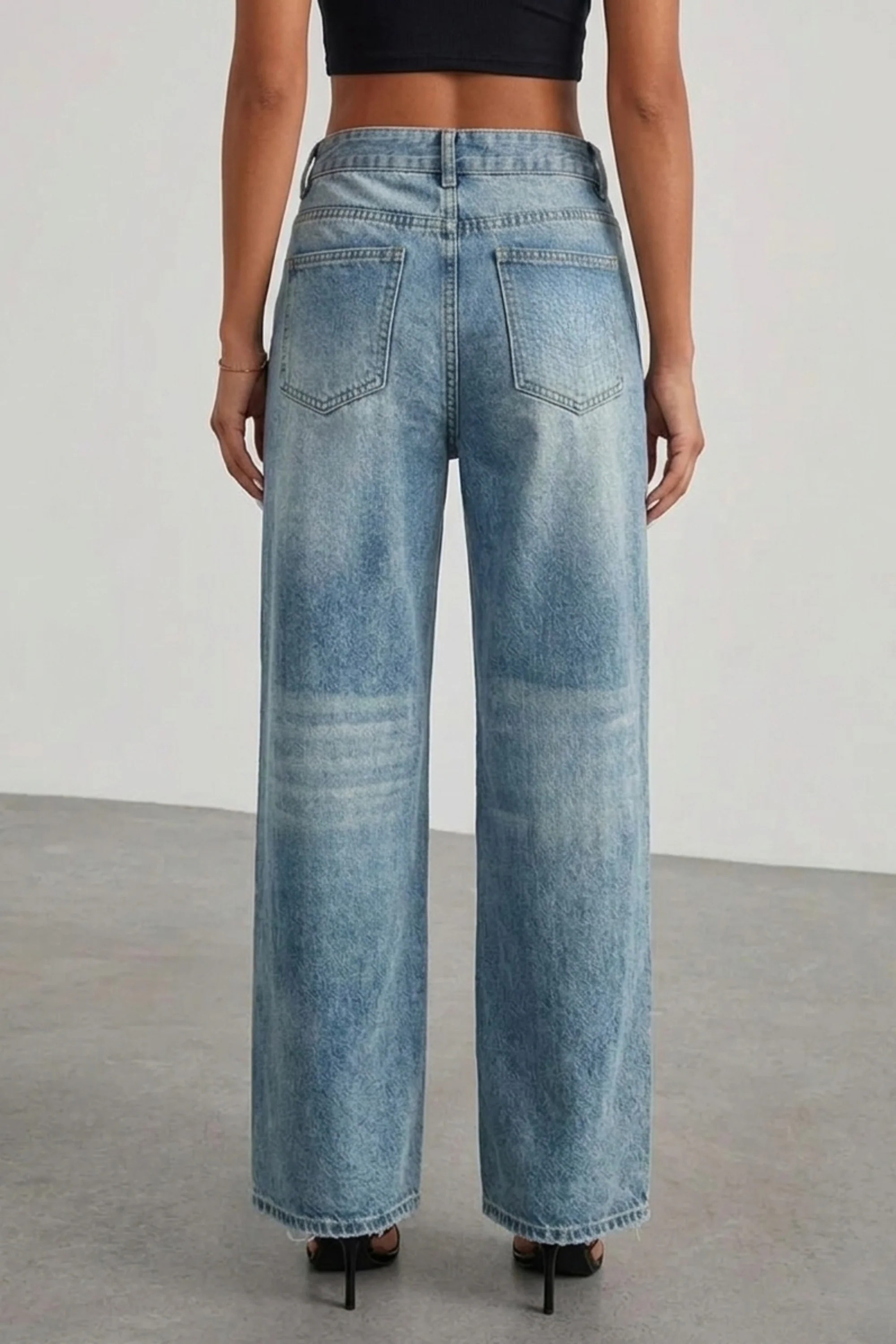 Faded Embellished Wide-Leg Jeans
