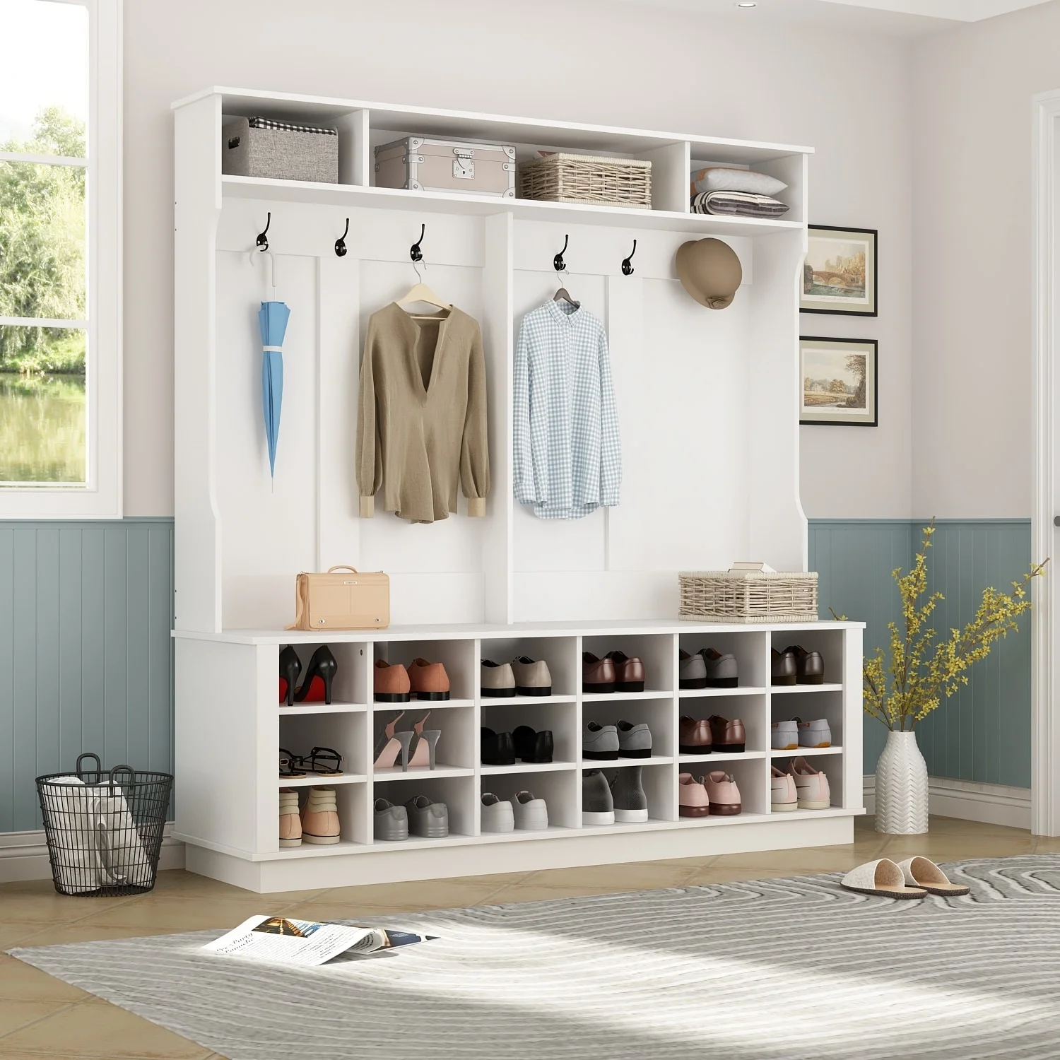 Kerrogee Large Hall Tree for Entryway Coat Rack Shoe Bench with Bottom Storage