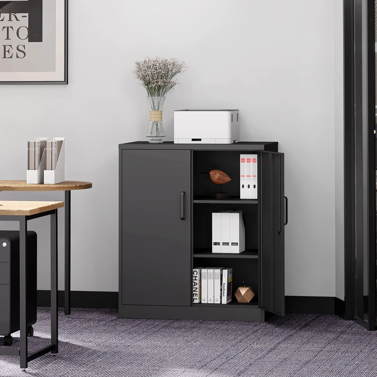 Metal Garage Storage Cabinet with 2 Doors and 2 Adjustable Shelves - 35.5" Steel Lockable File Locking Counter Cabinet for Home Office,Gym,SchoolBlack