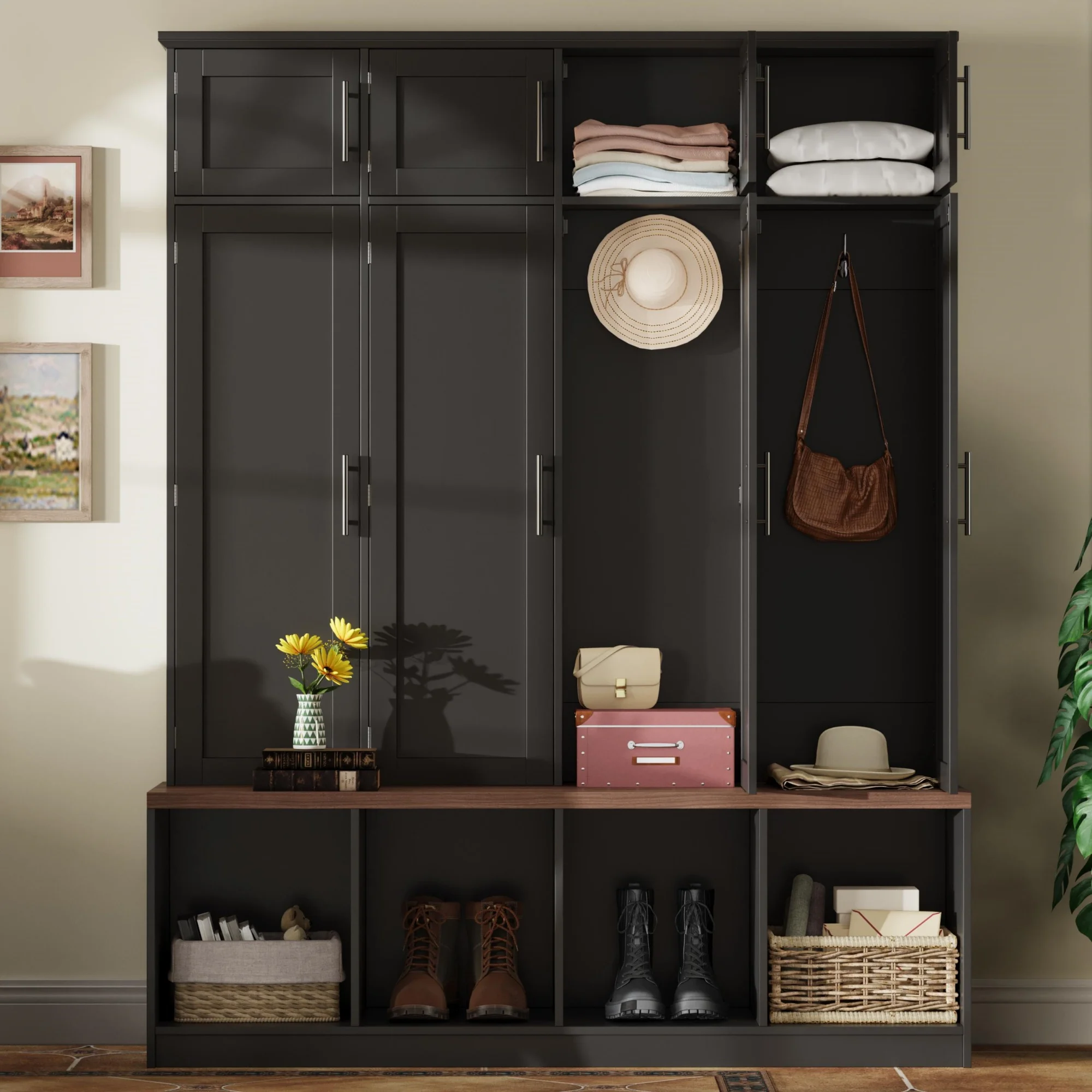 Euroco Entryway Hall Tree with Bench, Shoe Storage, Coat Hooks & Cabinets C Walnut Finish, Anti-Tip Design, Modern Mudroom Organizer