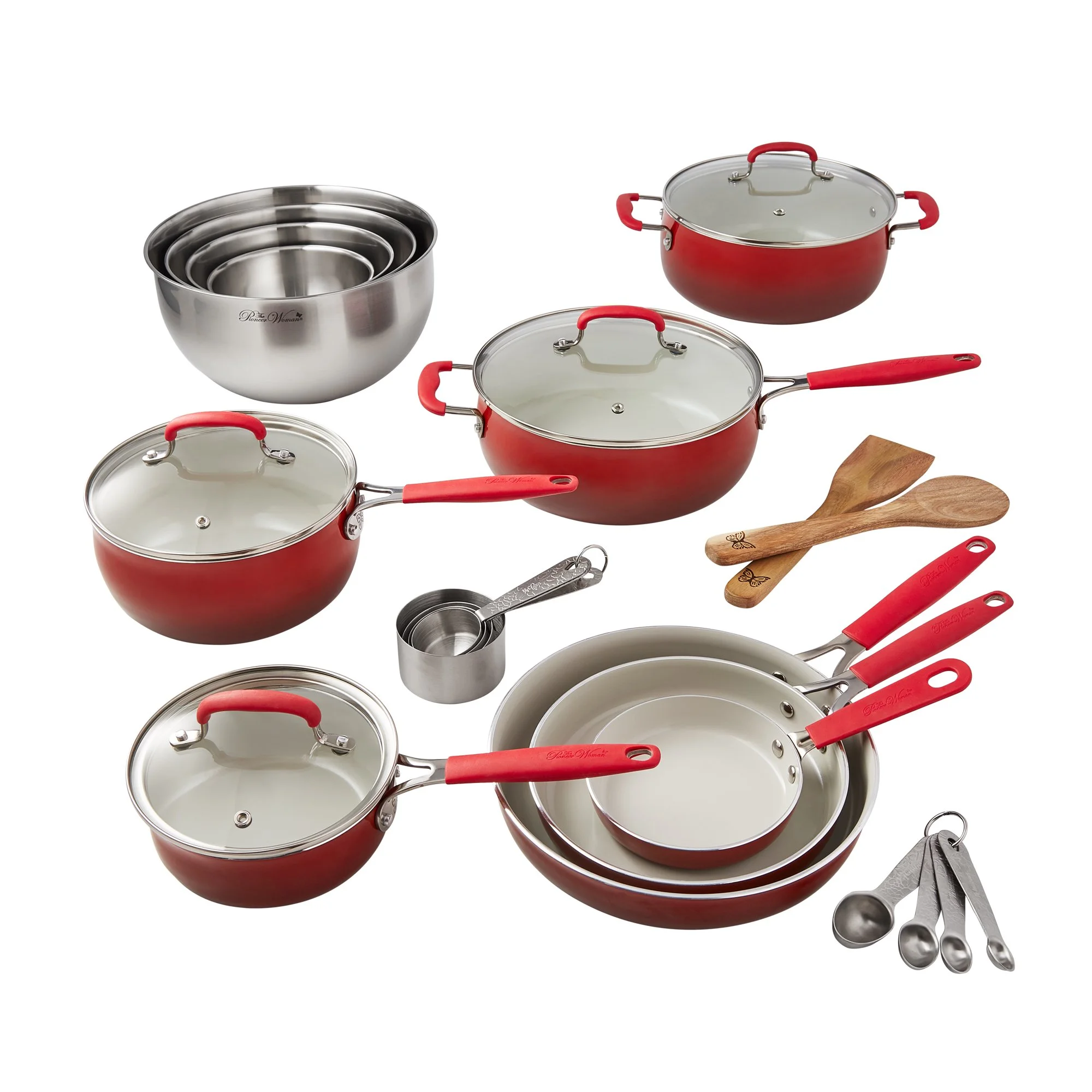 The Pioneer Woman Ceramic Classic 25-Piece Nonstick Aluminum Cookware Set, Ombre Red
