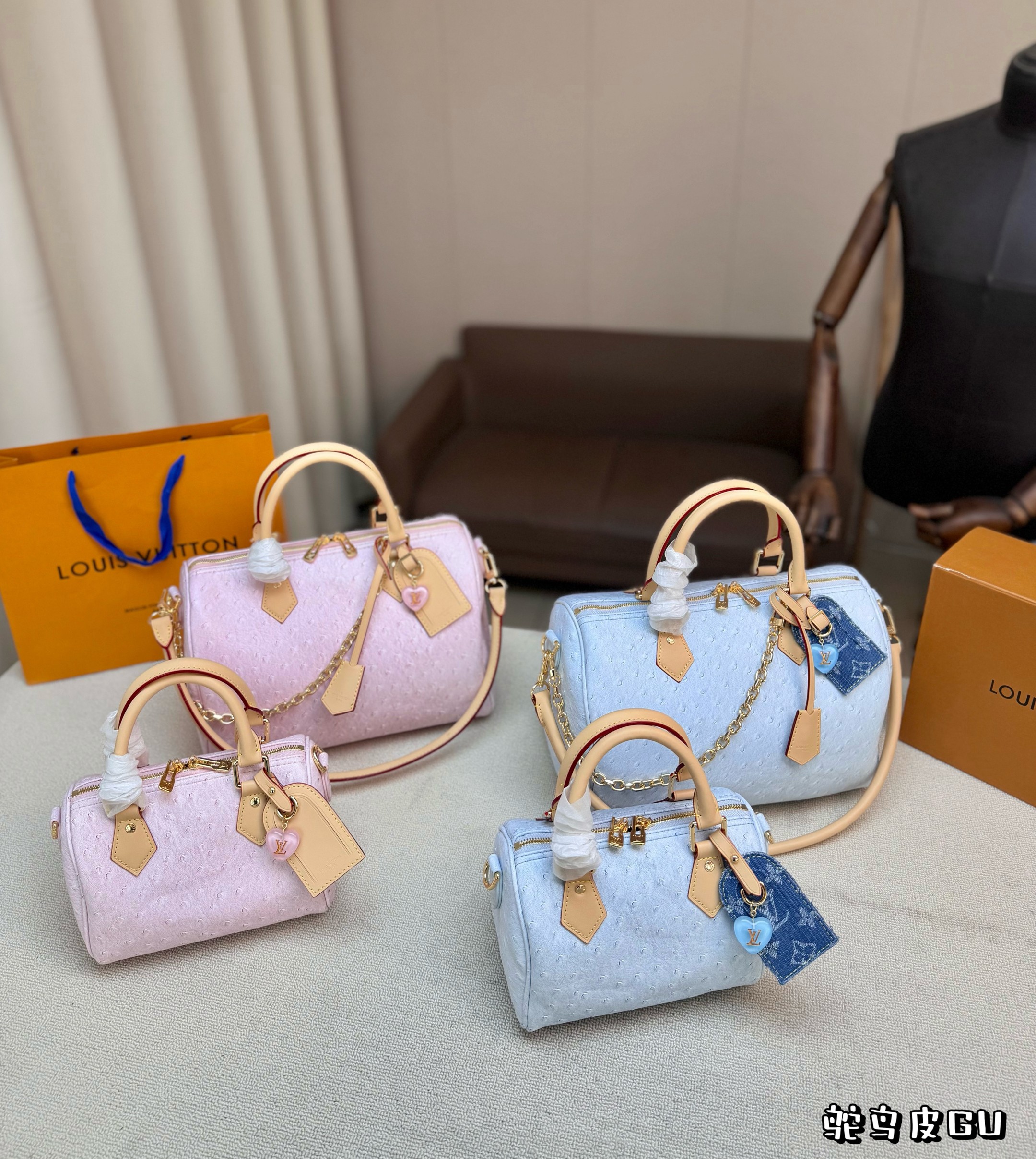 LV Speedy 20/25 Pink & Blue Ostrich Leather Heart Charm Boston Top Handle Bag