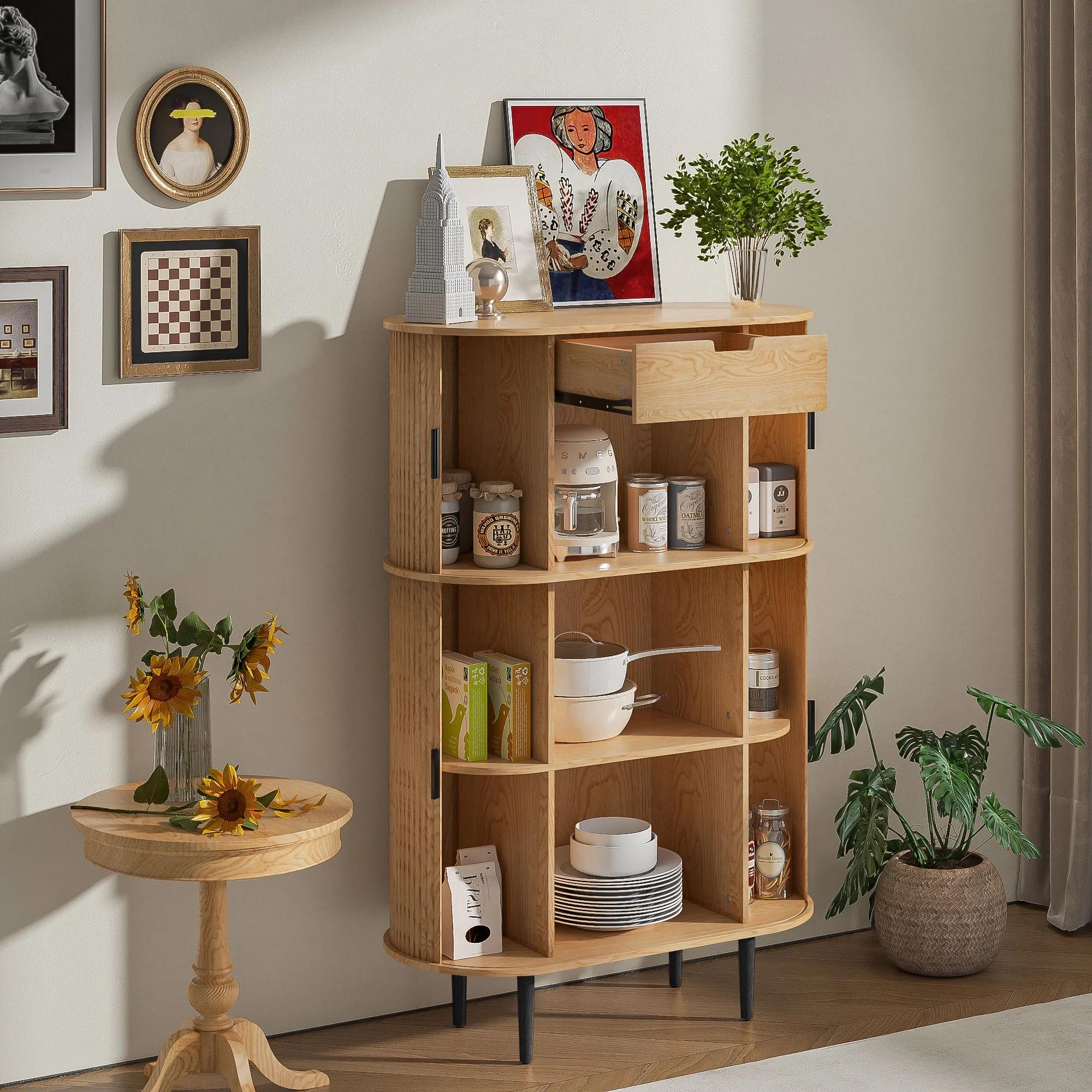 Fluted Sideboard Buffet, Accent Storage Cabinet with Sliding Door, Coffee Bar with Drawer for Kitchen