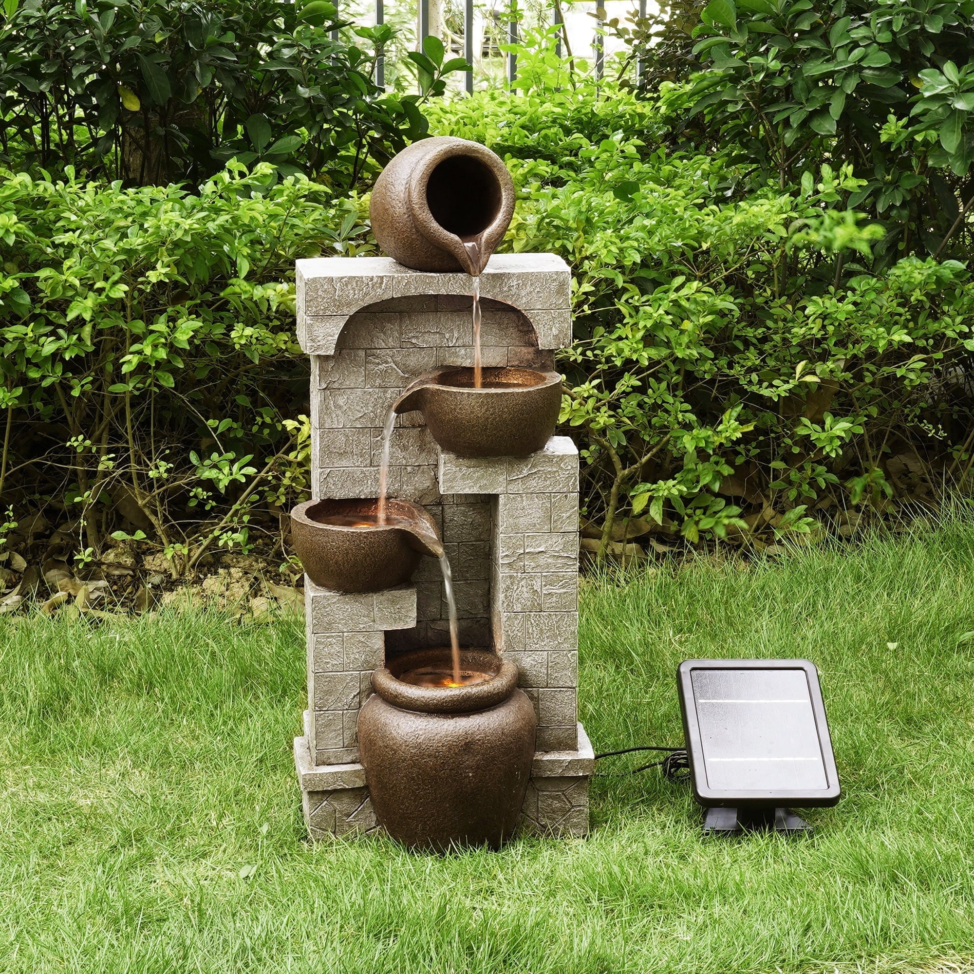 Teamson Home 28.5" Solar Powered 4-Tier Cascading Bowls & Stacked Stones Garden Water Fountain with LED Lights, Brown