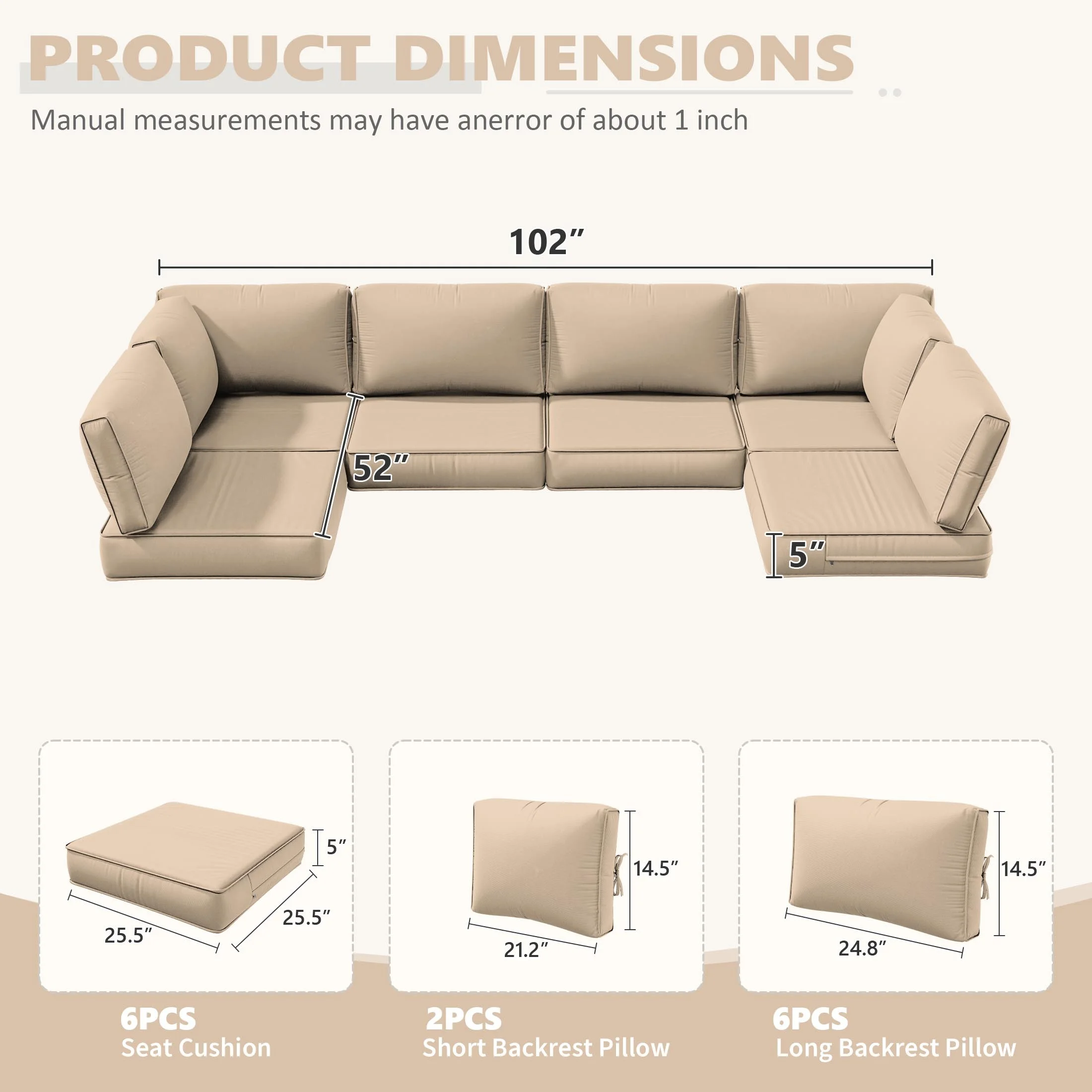 Snubbull 6-Seat Sectional Outdoor Patio Replacement Cushions Set, 25.5" x 25.5", 5" Foam High-Density, 14-Piece Water-Resistant Outdoor Cushion for Patio Conversation Sets, Liner&Cover, Sand