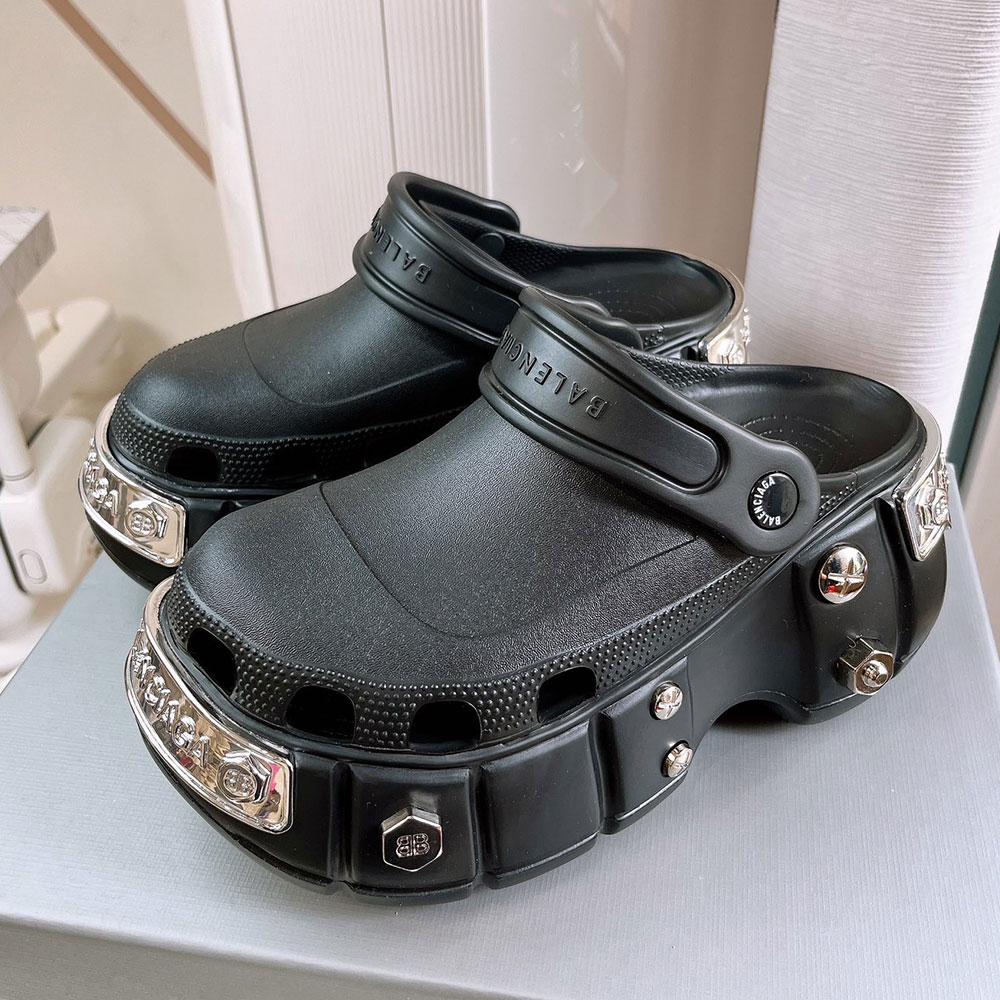 Balenciaga x Crocs Cyber Hardcrocs Metallic Engraved Logo Plate & Screw Studded Platform Clogs