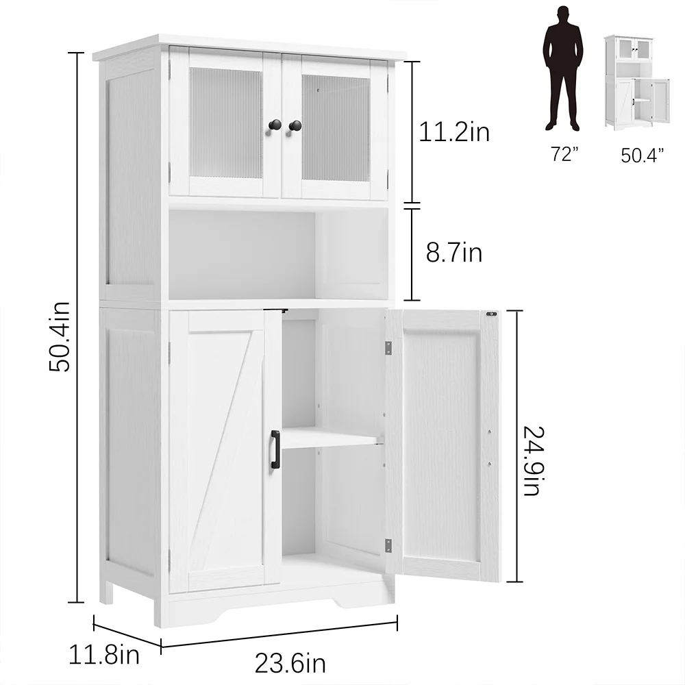 WhizMax Storage Cabinet with Glass Doors and Adjustable Shelves, Bathroom Cabinet, Freestanding Kitchen Pantry Cabinet for Living Room, Dining Room,White