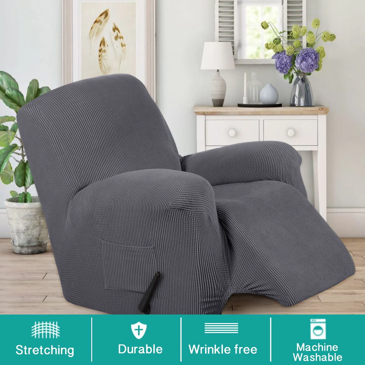 Turquoize Stretch Recliner Cover Jacquard Sofa Slipcover with Side Pockets, Gray