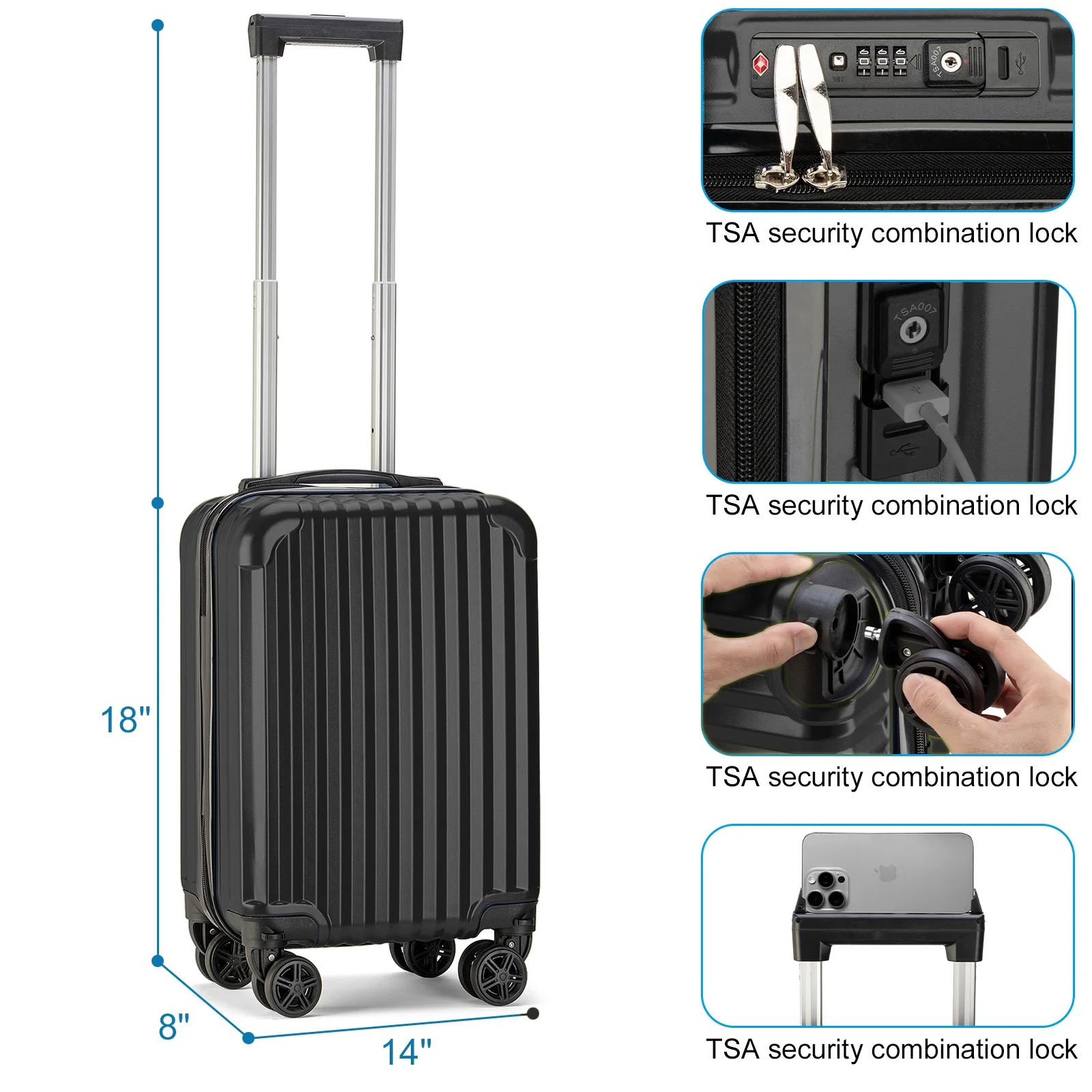 Personal Item Suitcase 18x14x8 Inches Hardside Built In TSA Lock & USB Port Lightweight Luggage With Removable Silent Wheels Underseat Carry-On Bag For Spirit and Frontier and More (Black)