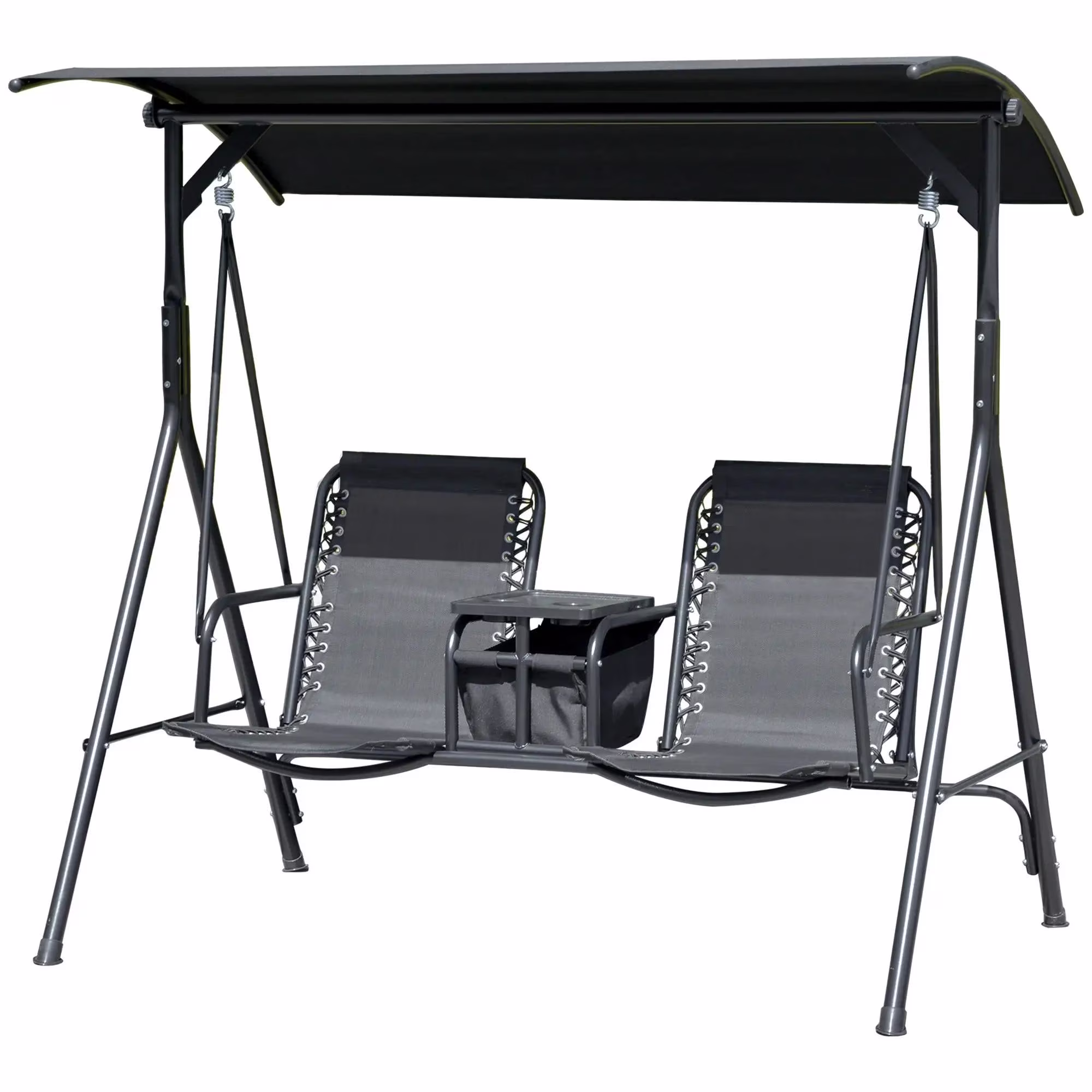 Resenkos 2-Person Swing With Canopy, Storage, Cup Holder, Blue, Outdoor Porch Seating, Beige/Black