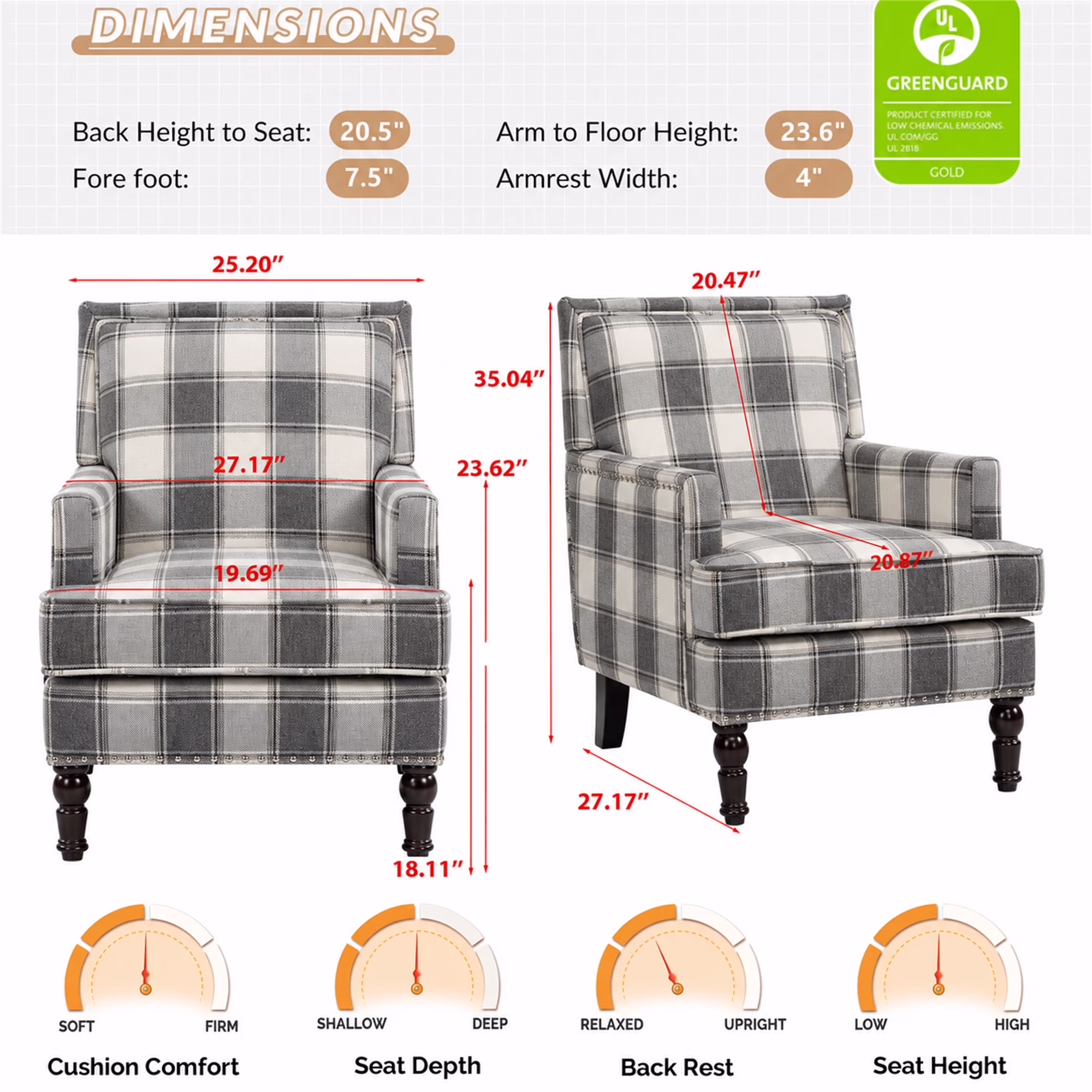 Aukfa Vintage Accent Chair Mid-Century Modern High Back Armchair for Living Room, Nailhead Trim, Antique Grey