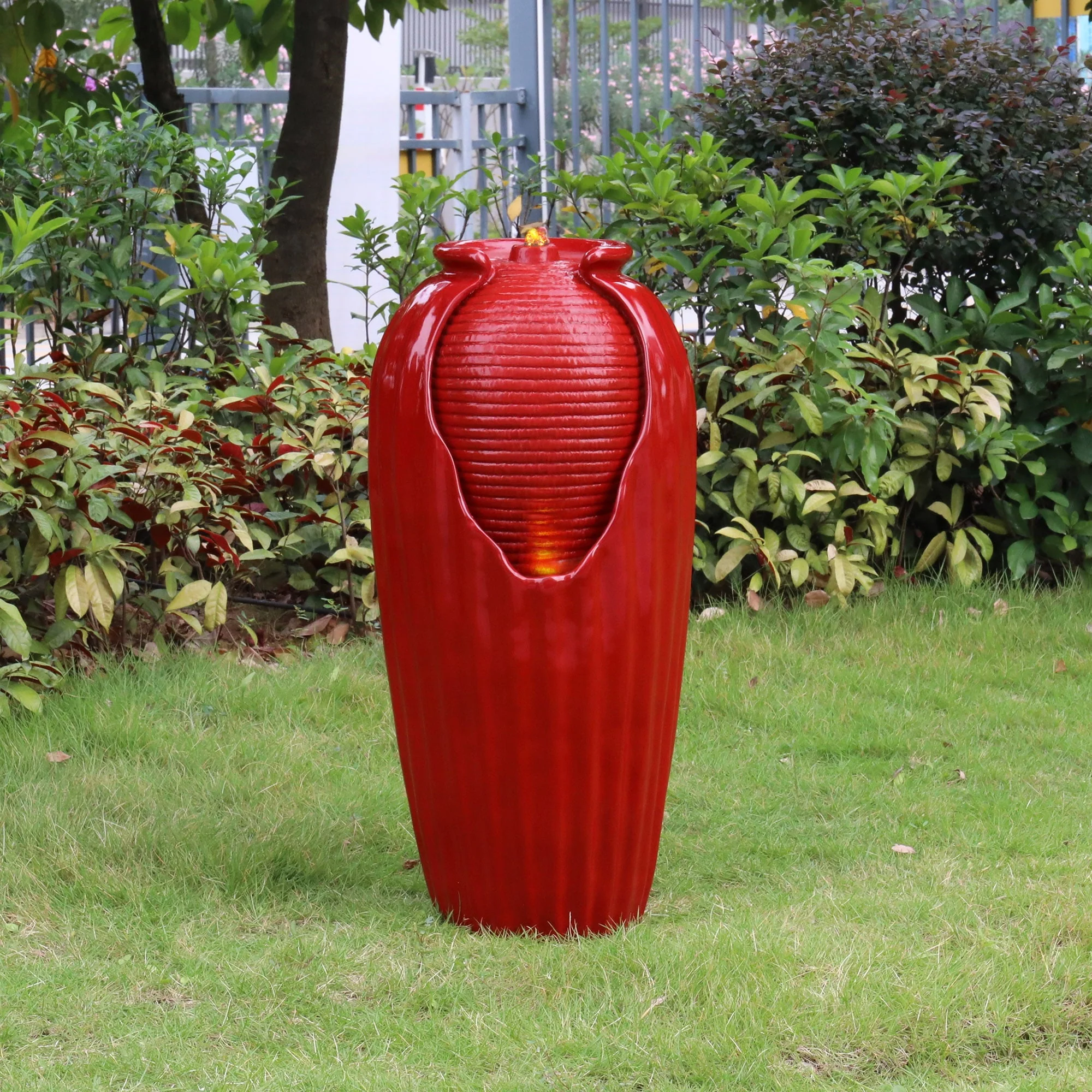 Teamson Home Indoor/Outdoor Contemporary Glazed Contoured Vase Water Fountain with LED Lights, Red