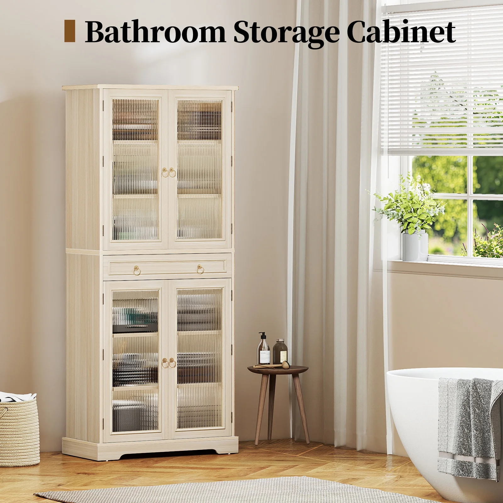 Kitchen Pantry Cabinet with Adjustable Shelves and Acrylic Doors, 72"  Large Storage Cabinets with Drawer for Dining Living Room, White Oak