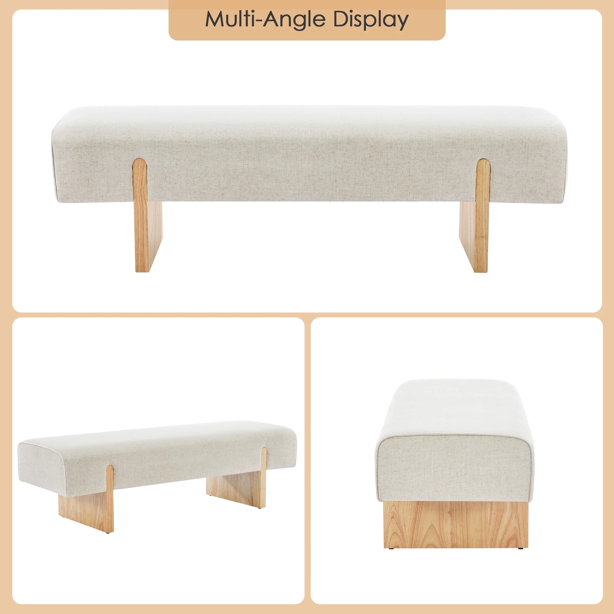 Zesthouse 55.1" Upholstered Bench, Modern Linen Ottoman Bench with Wooden Legs, Entryway Bench for Bedroom Living Room, Beige