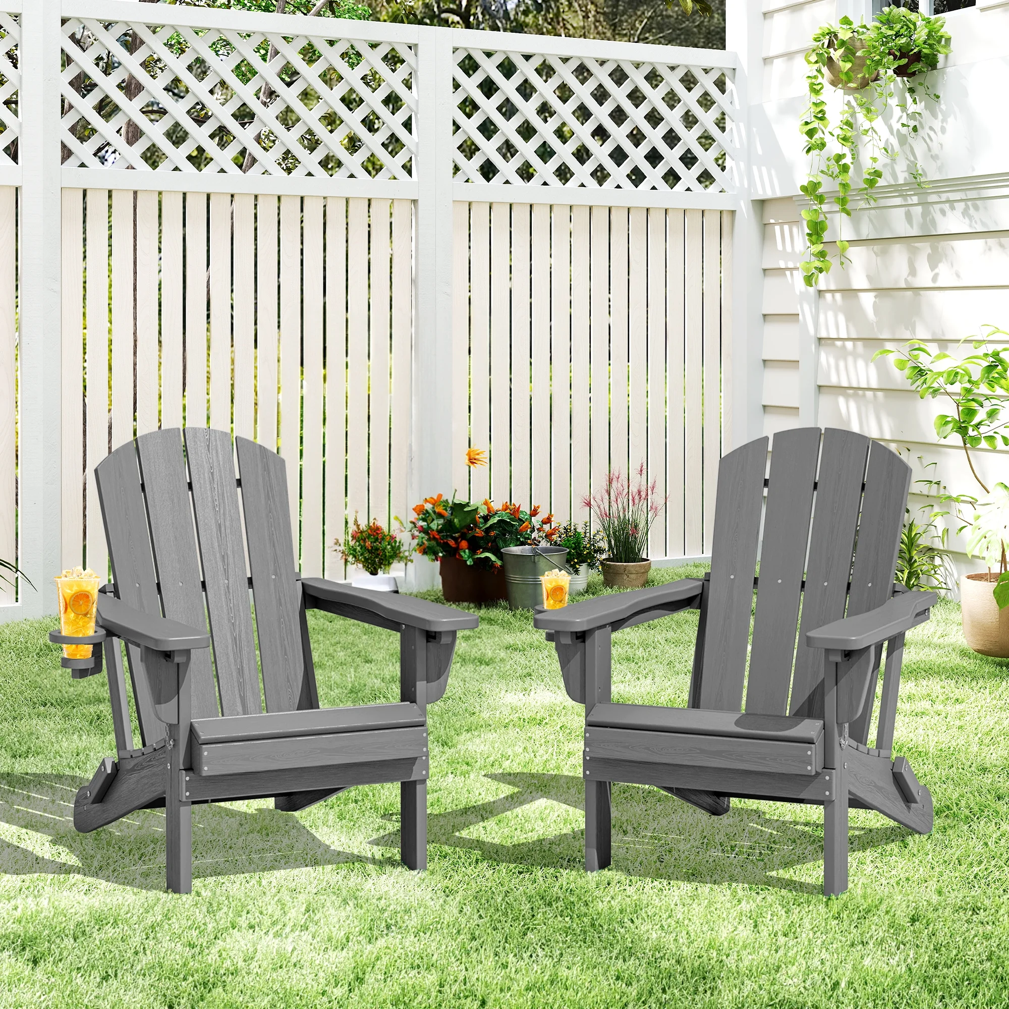 SERWALL Outdoor Adjustable Folding HDPE Adirondack Chairs Set of 2 with Cup Holder, Gray