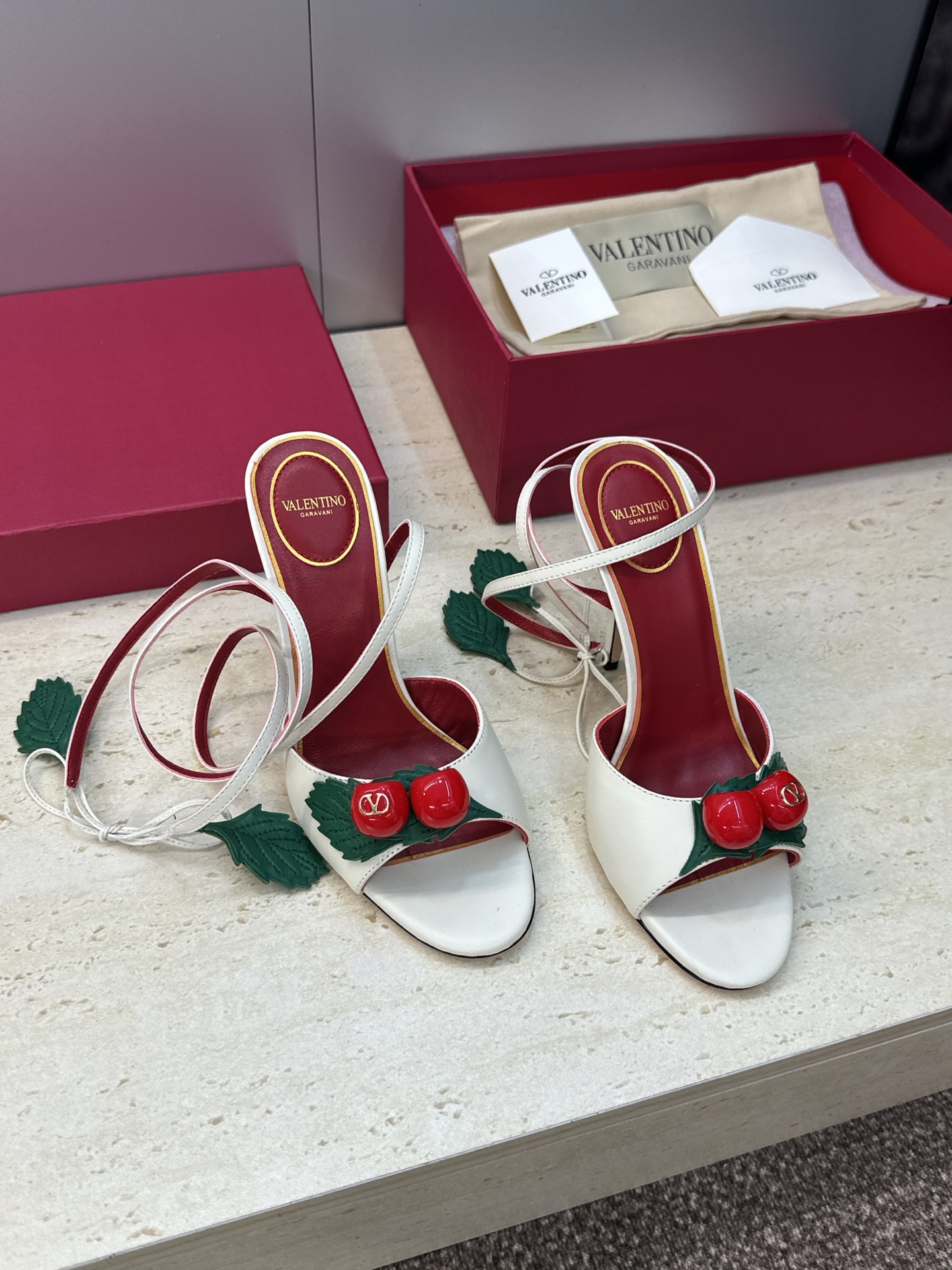 Valentino Garavani White 3D Cherry Leather Leaf Charm Metallic Leather Stiletto Toe Heel Sandals