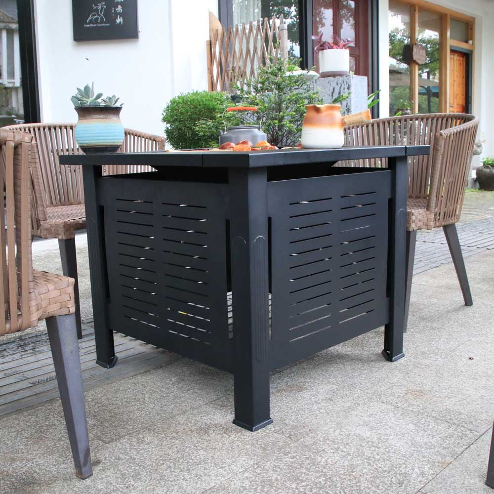 2 in 1 Smokeless Fire Pit Table for Outdoor Patio, Square Steel Heater with Removable Lid, Grill Over Stove, Multifunctional Firepit Table for Garden, Deck, Balcony, Backyard