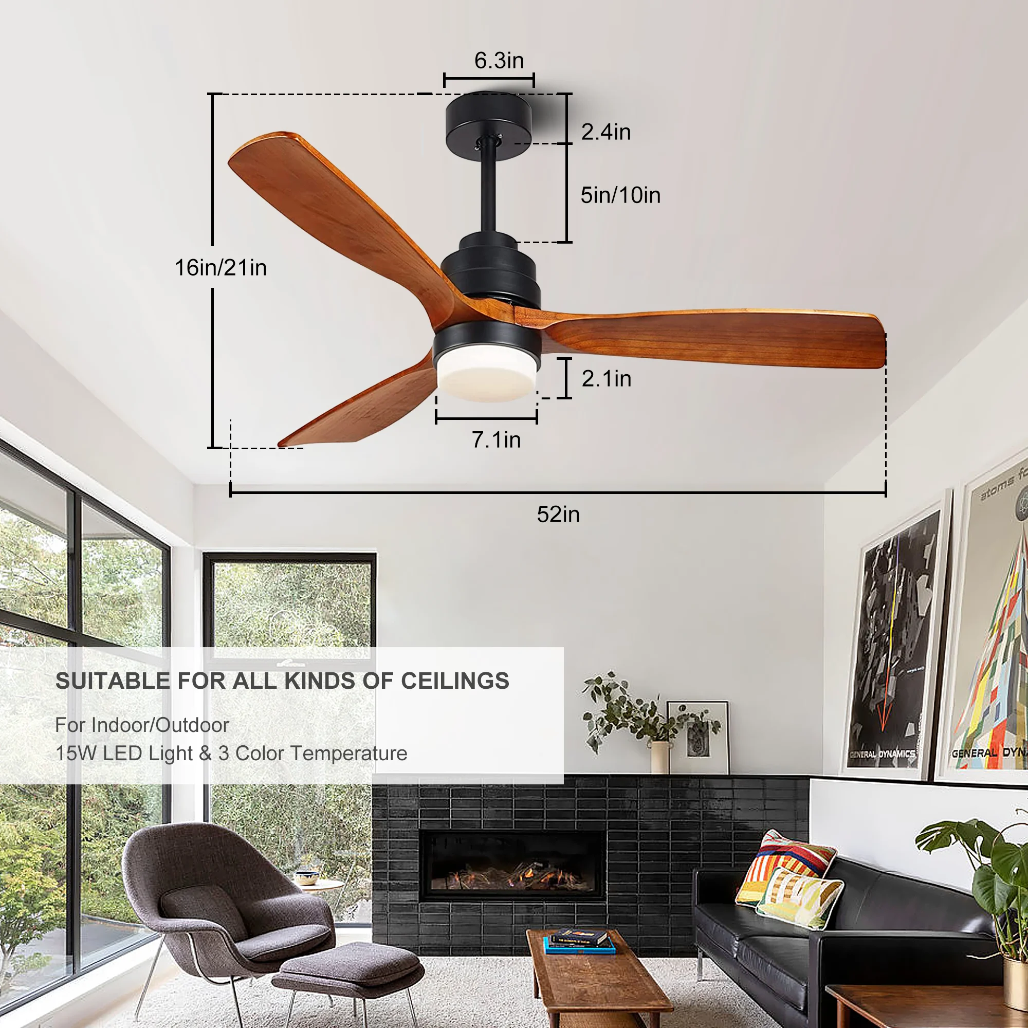 SITERGOFAN 52inch Ceiling Fan with Light,3 Blades Wood Modern Ceiling Fans with Remote Control for Outdoor/Indoor,Kitchen,BedRoom,Dining Room,Patio