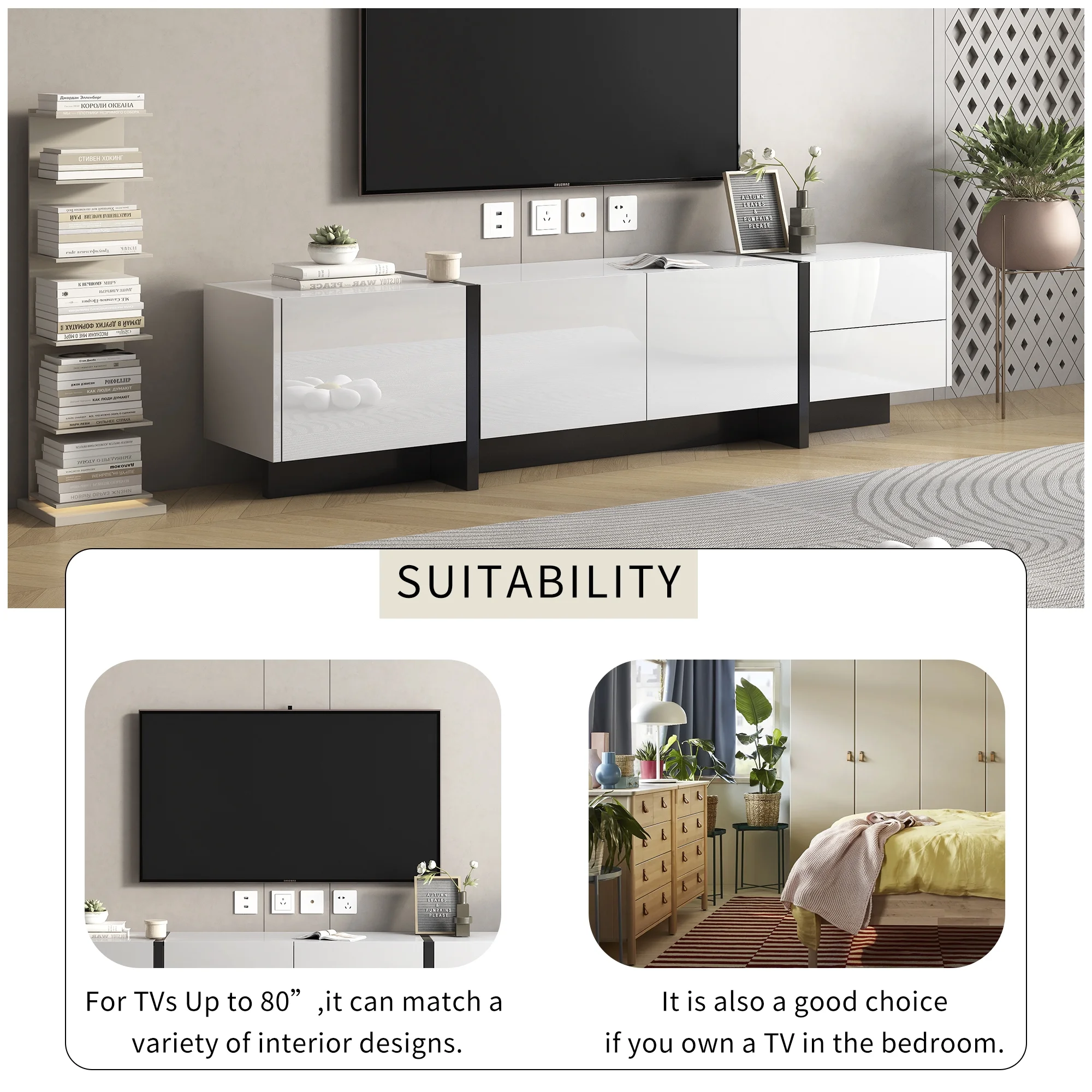 EUROCO Mid-Century Modern TV Stand Up to 80" Contemporary Rectangle ,Unique Style TV Console Table with Cabinet&High Gloss UV Surface for Living Room Bedroom