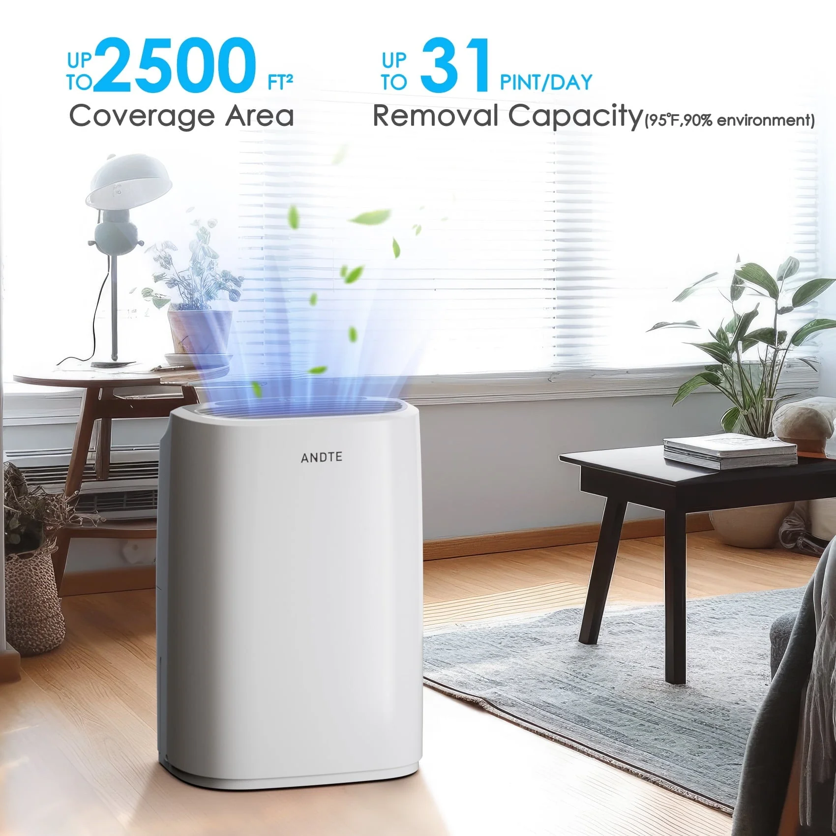 ANDTE 31 Pints Dehumidifiers, Spaces up to 2500 Sq.ft, Auto/Manual Drainage, 0.53 Gallon Water Tank, Auto Defrost, Dry Clothes Function, 24H Timer