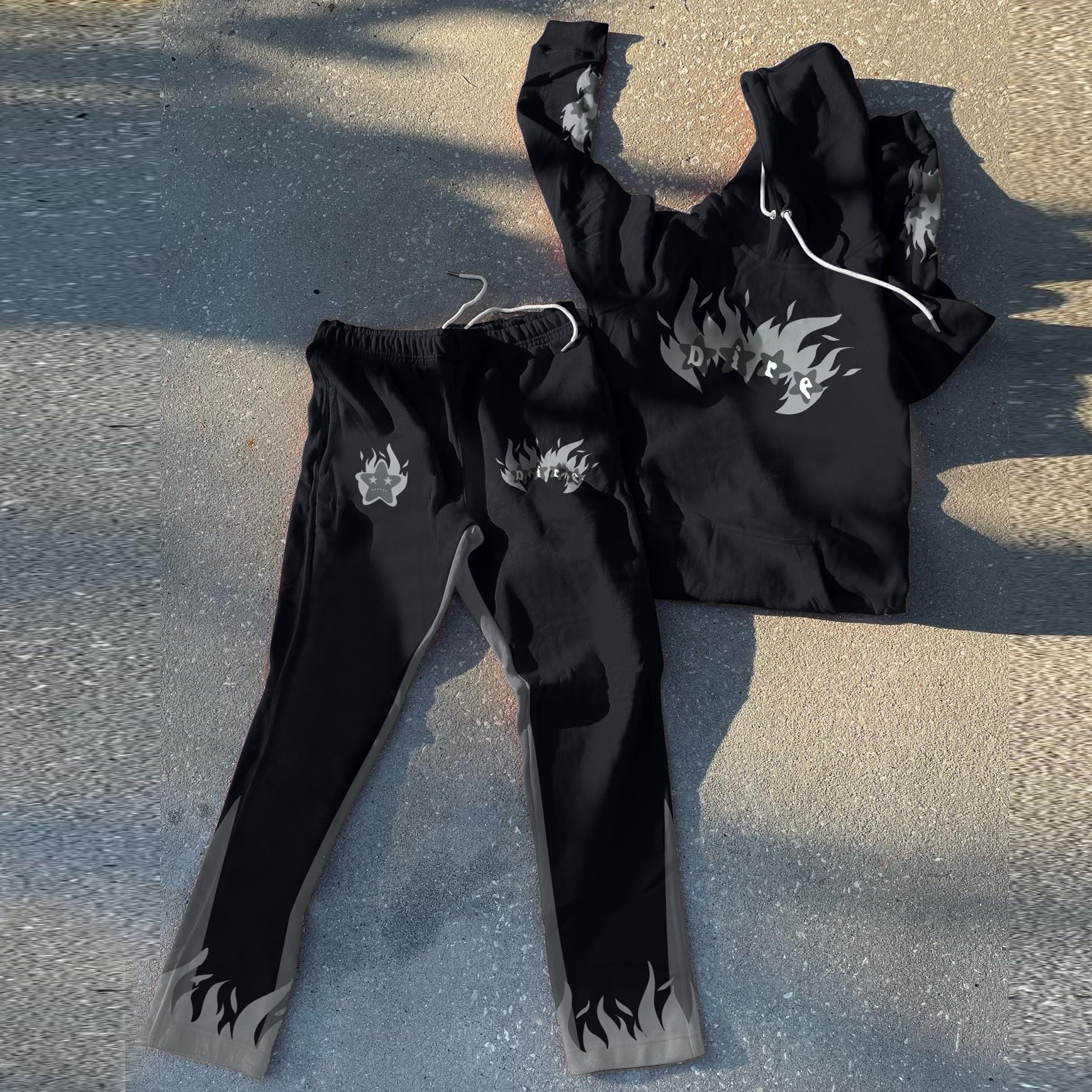 Casual retro flame contrast print hoodie set