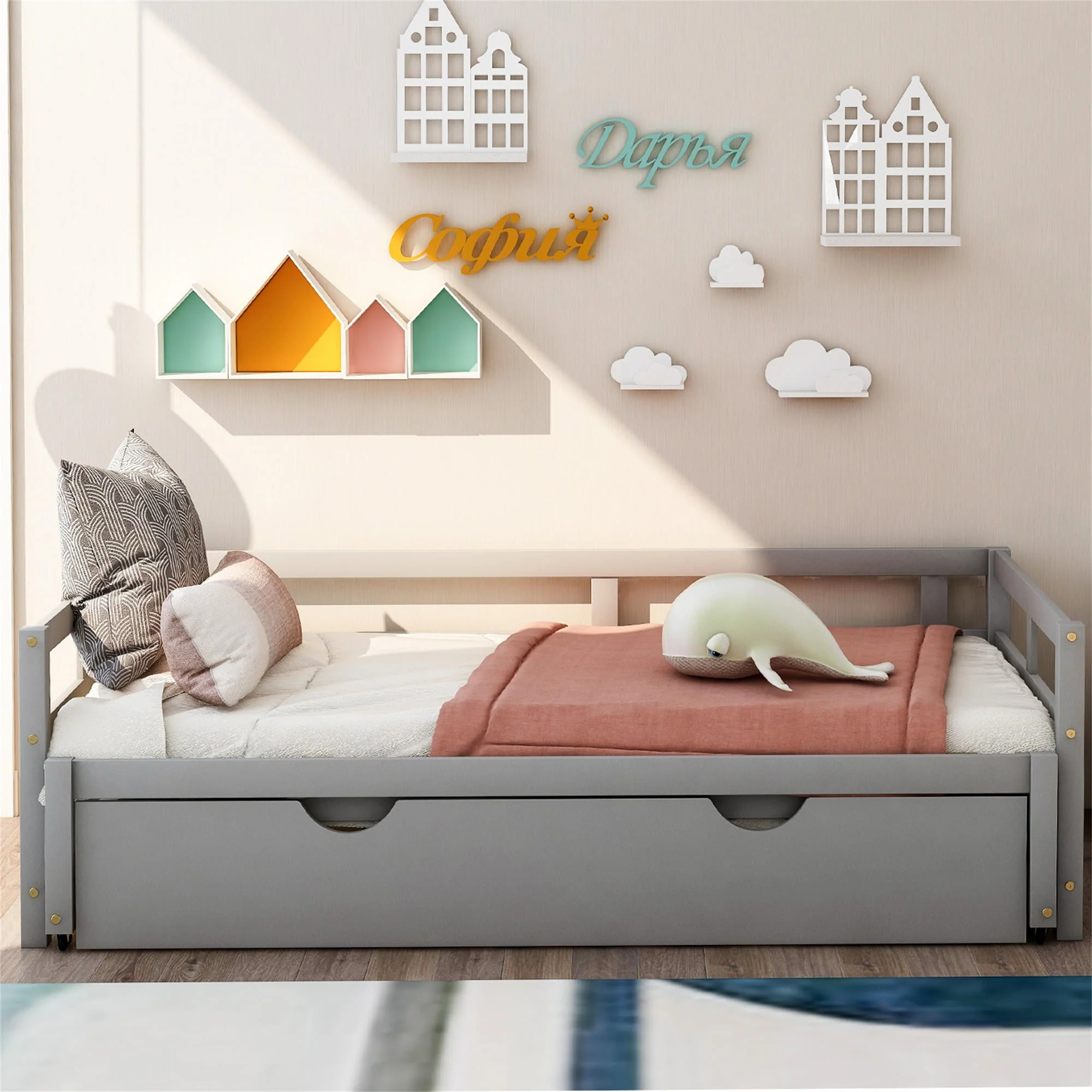 Extendable Daybed with Trundle Beds, Wood Daybed Frame with Pull Out Trundle, Twin to King Design Extending Daybed for Kids Girls Boys Teens Adults, No Box Spring Required, Gray