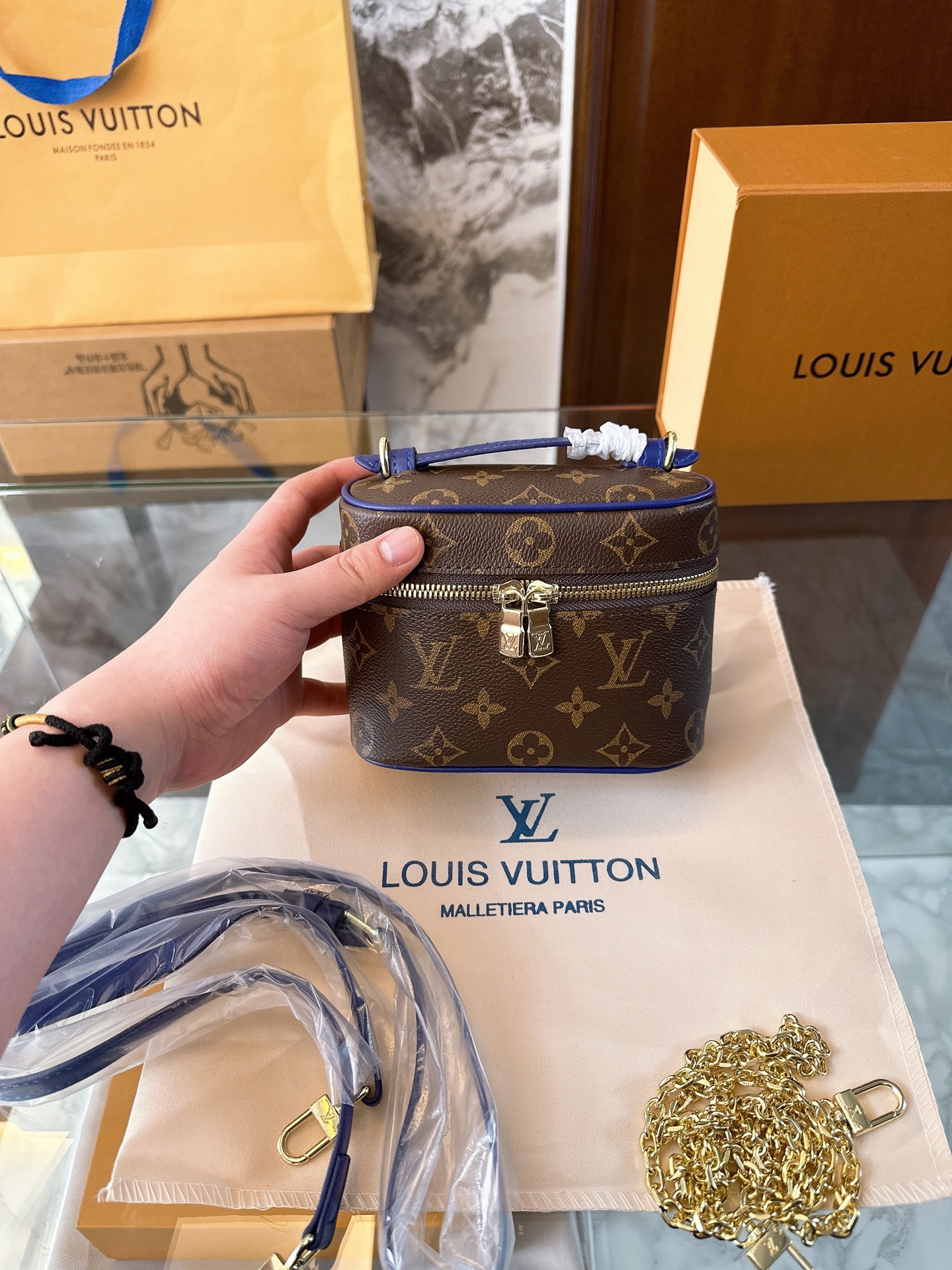 LV Blue Trim Nice Vanity Case Box Monogram Coated Canvas Shoulder Top Handle Bag