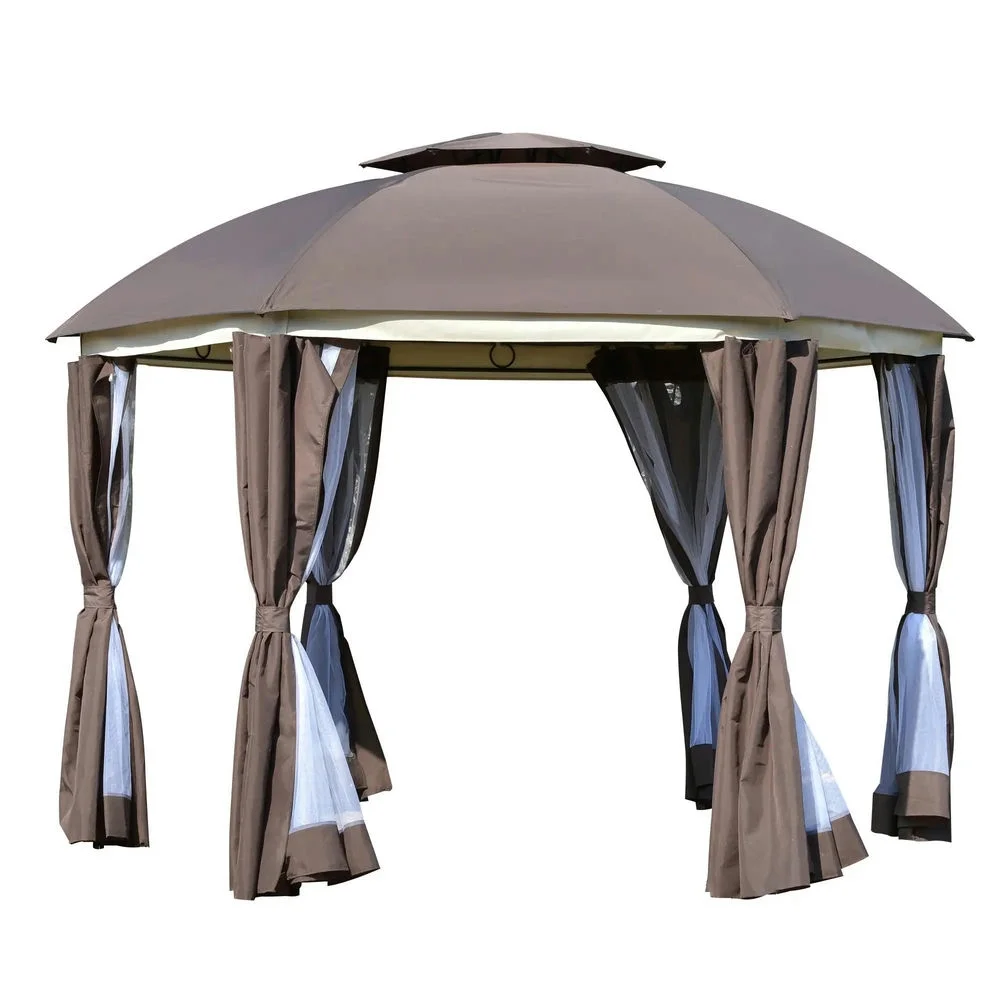 Aimee Lii 12' x 12' Round Outdoor Canopy Tent, Patio Dome Canopy Tent Canopy Shelter with Double Roof, Curtains, Zippered Doors, Strong Steel Frame, Shade Canopy, Outdoor Canopy, Brown