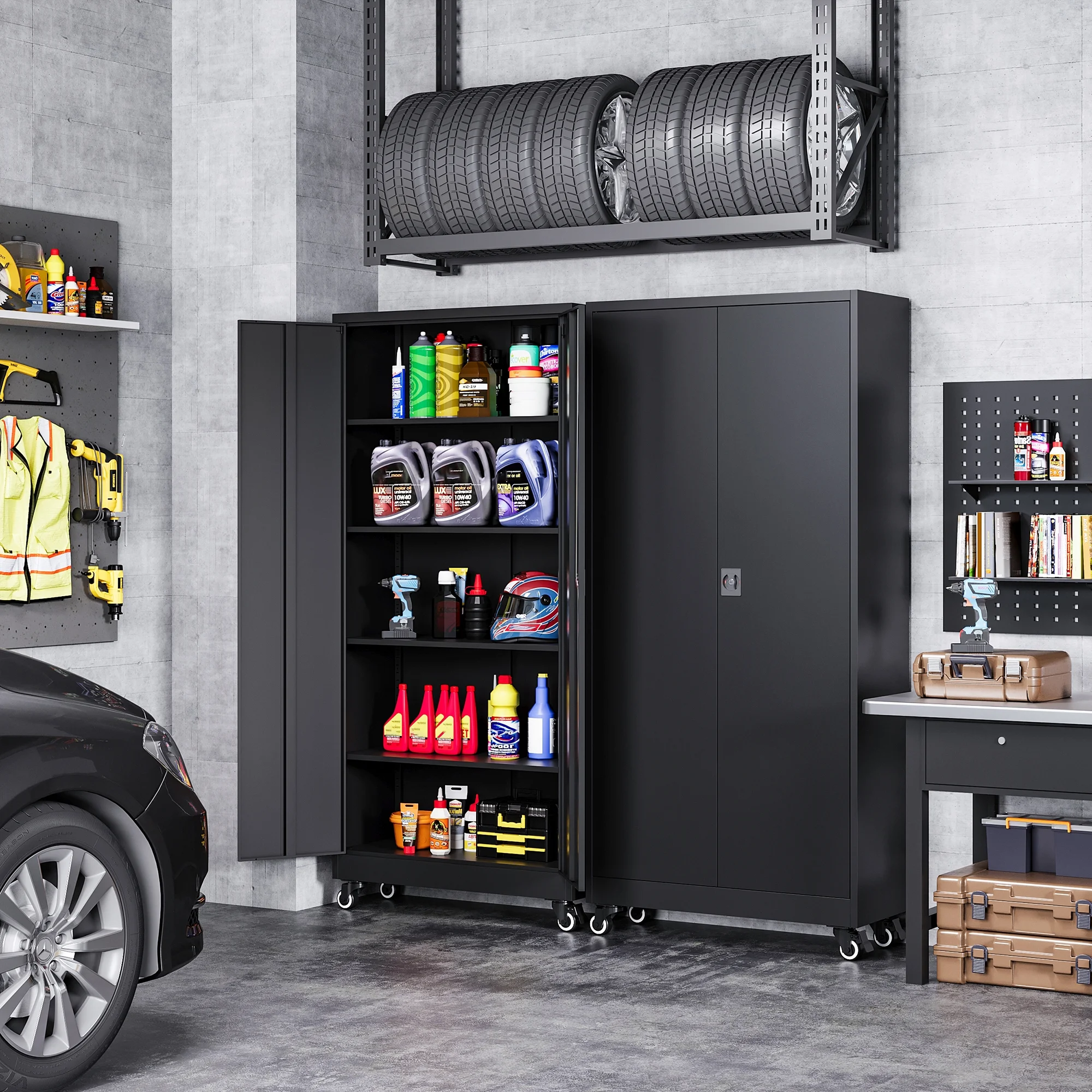 AUHUP Metal Storage Cabinet with Wheels, 73" Rolling Garage Storage Cabinets with 4 Adjustable Shelves & Locking Doors,Black Tool Cabinet for Garage,Home,Warehouse,Workshop