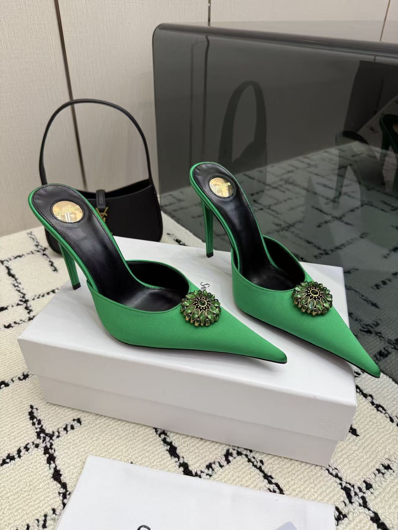 YSL Emerald Green Pointed Toe Satin Crystal Brooch Stiletto Heel Mules Sandals